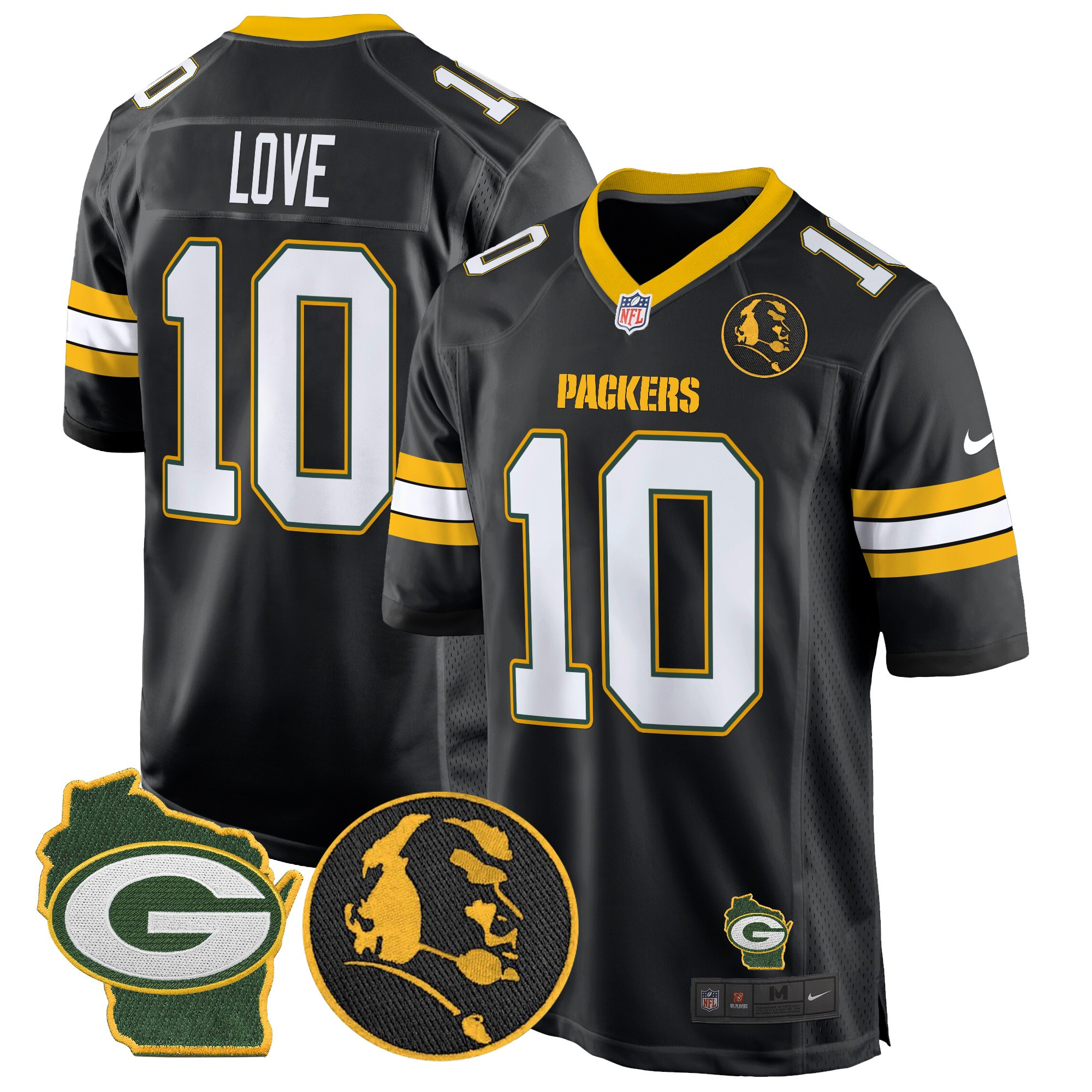 Men's Jordan Love Green Bay Packers John Madden & Home Patch Game Black Jersey - All Stitched