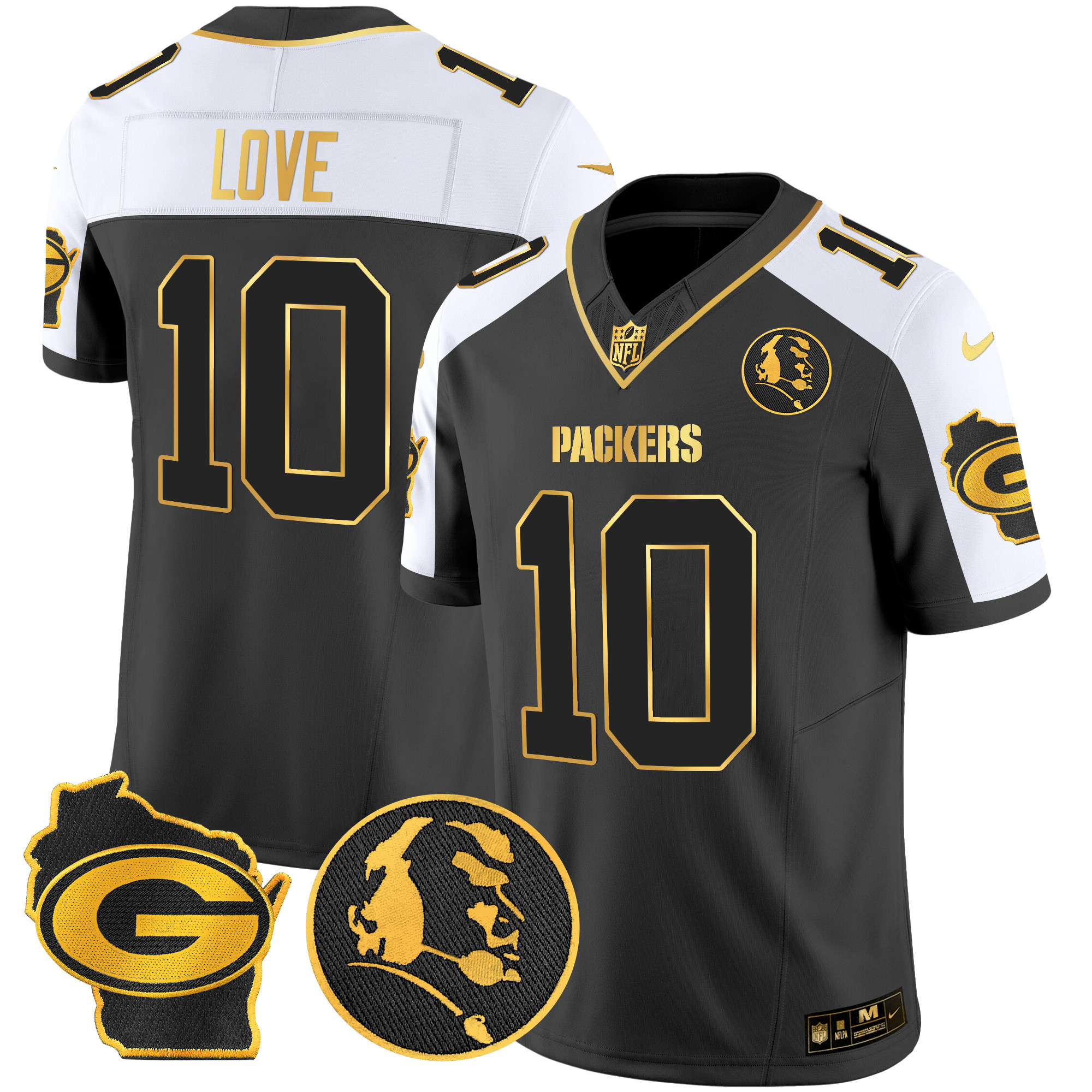 Men's Jordan Love Green Bay Packers John Madden & Home Patch Gold Vapor Limited Alternate Jersey - All Stitched