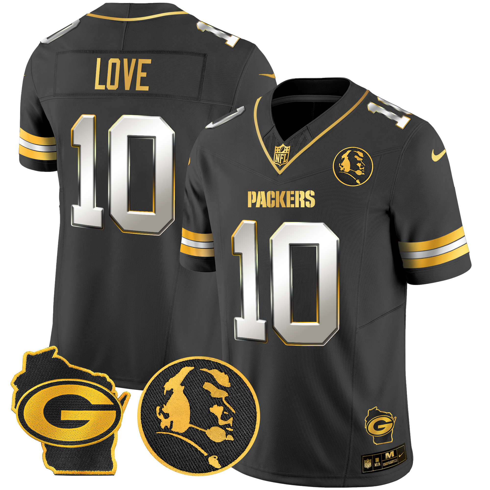 Men's Jordan Love Green Bay Packers John Madden & Home Patch Gold Vapor Limited Black Limited Jersey - All Stitched