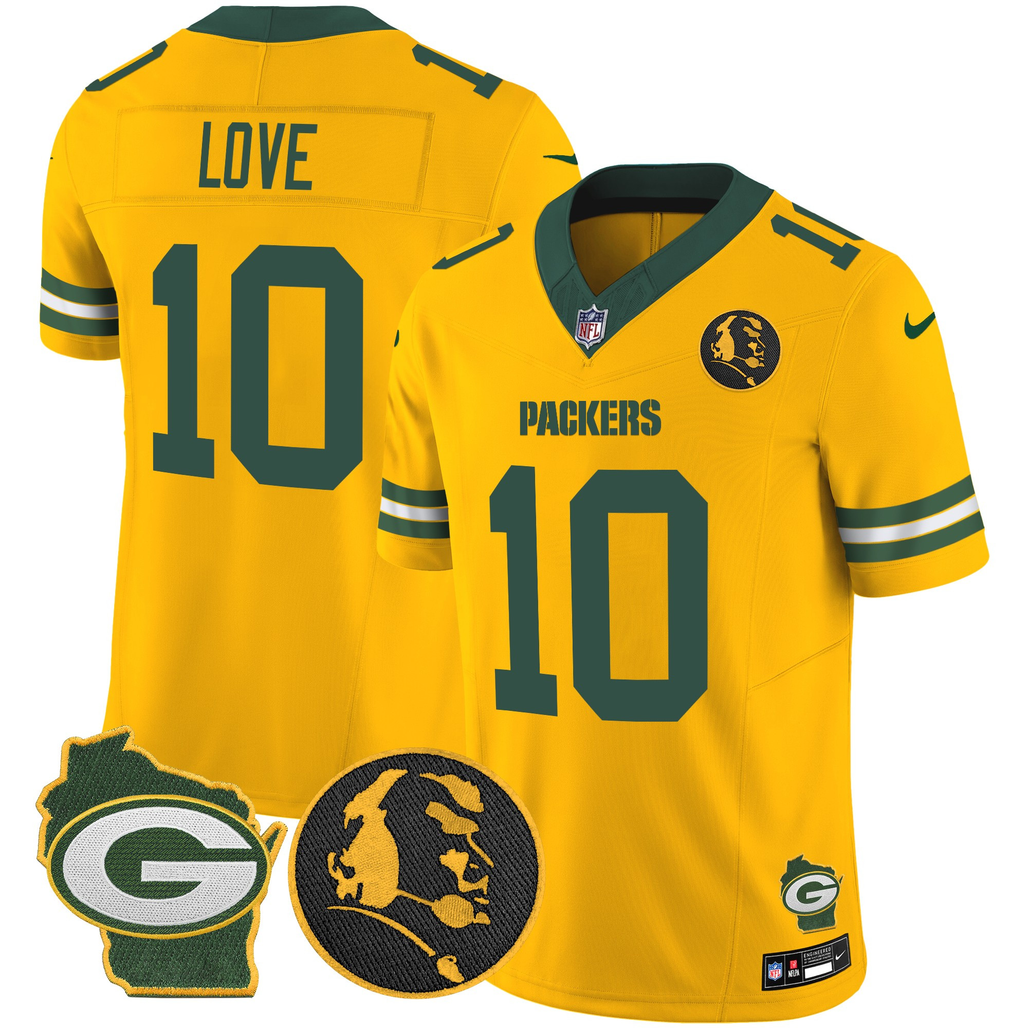 Men's Jordan Love Green Bay Packers John Madden & Home Patch Vapor Limited Gold Jersey - All Stitched