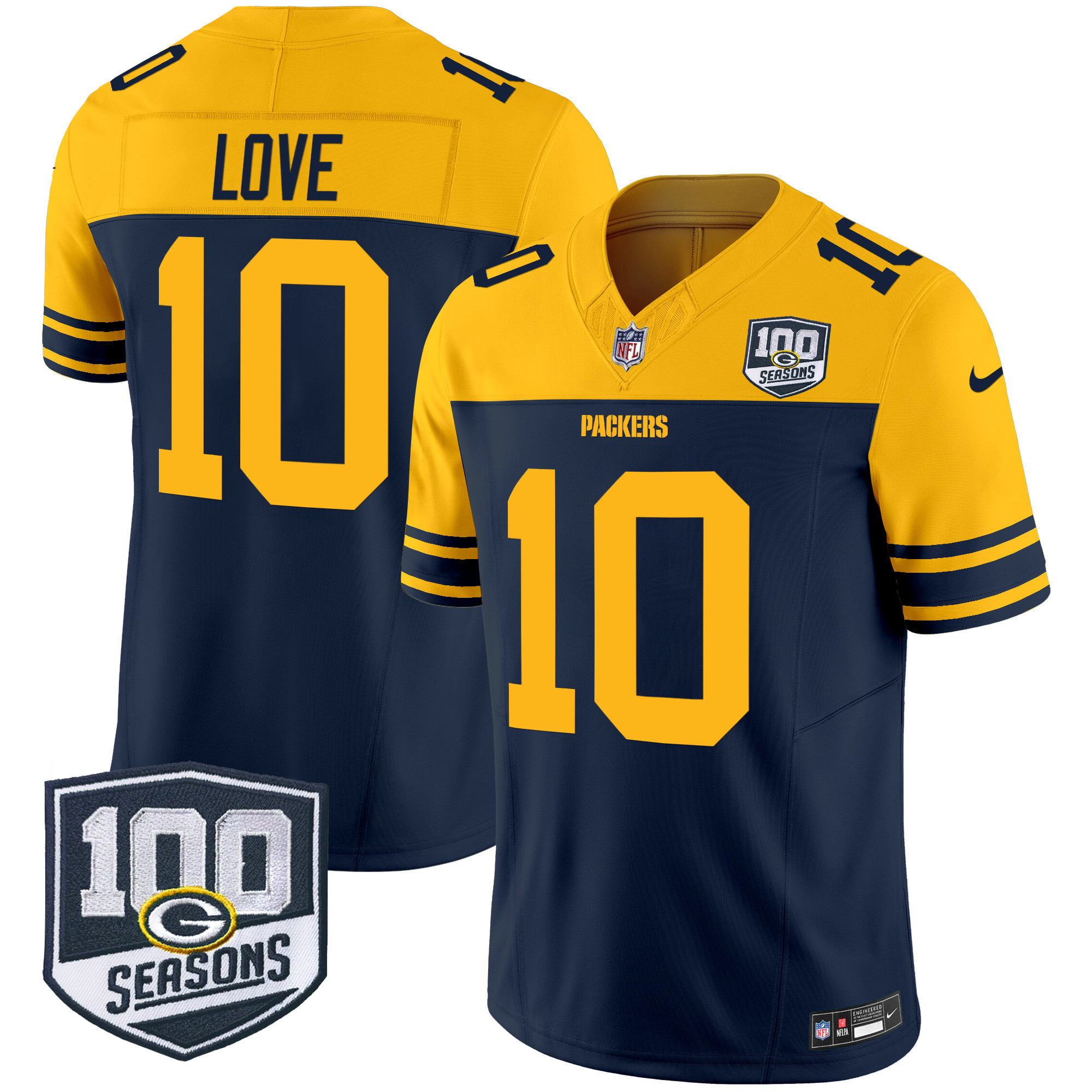 Men's Jordan Love Green Bay Packers Throwback 100th Season Patch Vapor Limited Navy Jersey - All Stitched