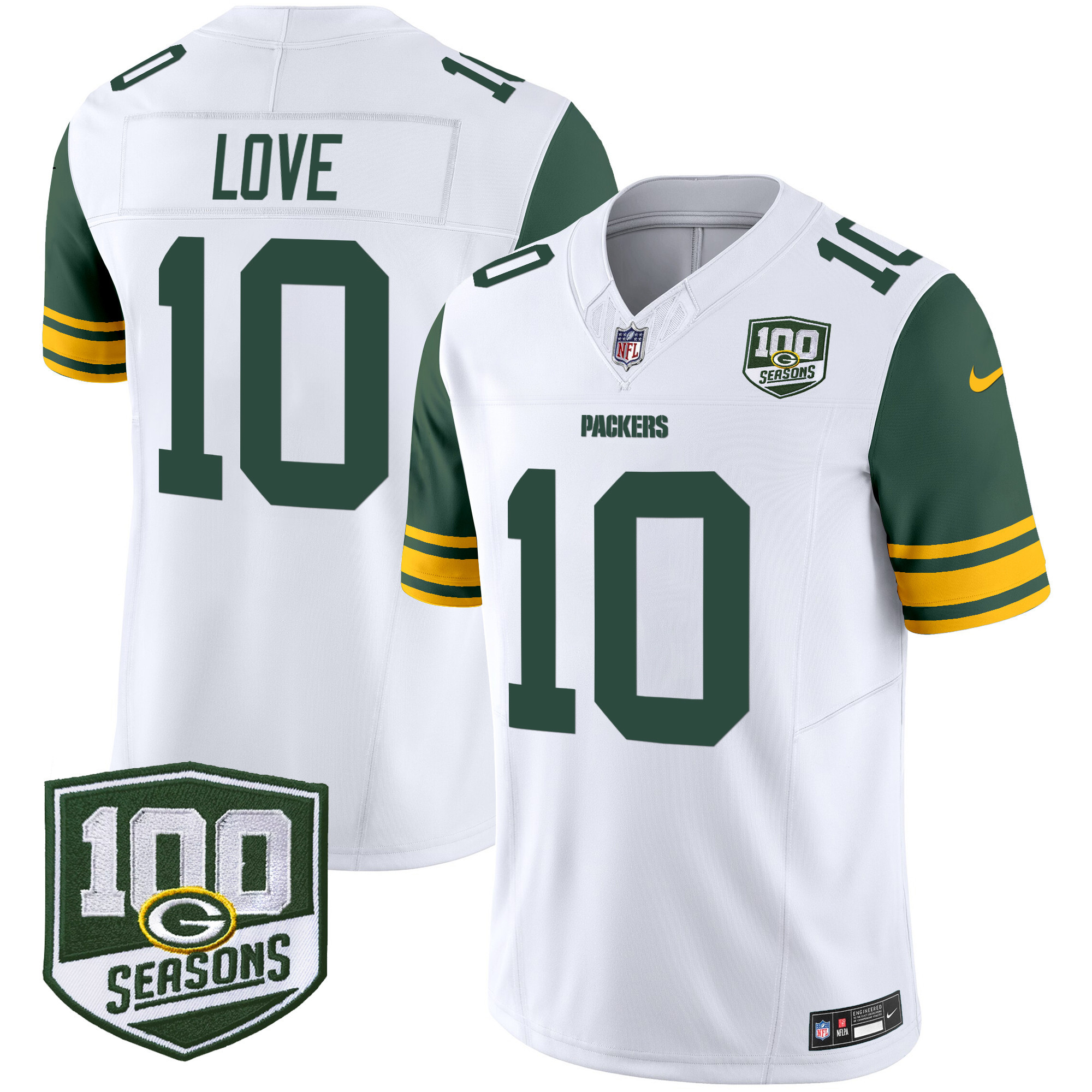 Men's Jordan Love Green Bay Packers Throwback 100th Season Patch Vapor Limited White Jersey - All Stitched
