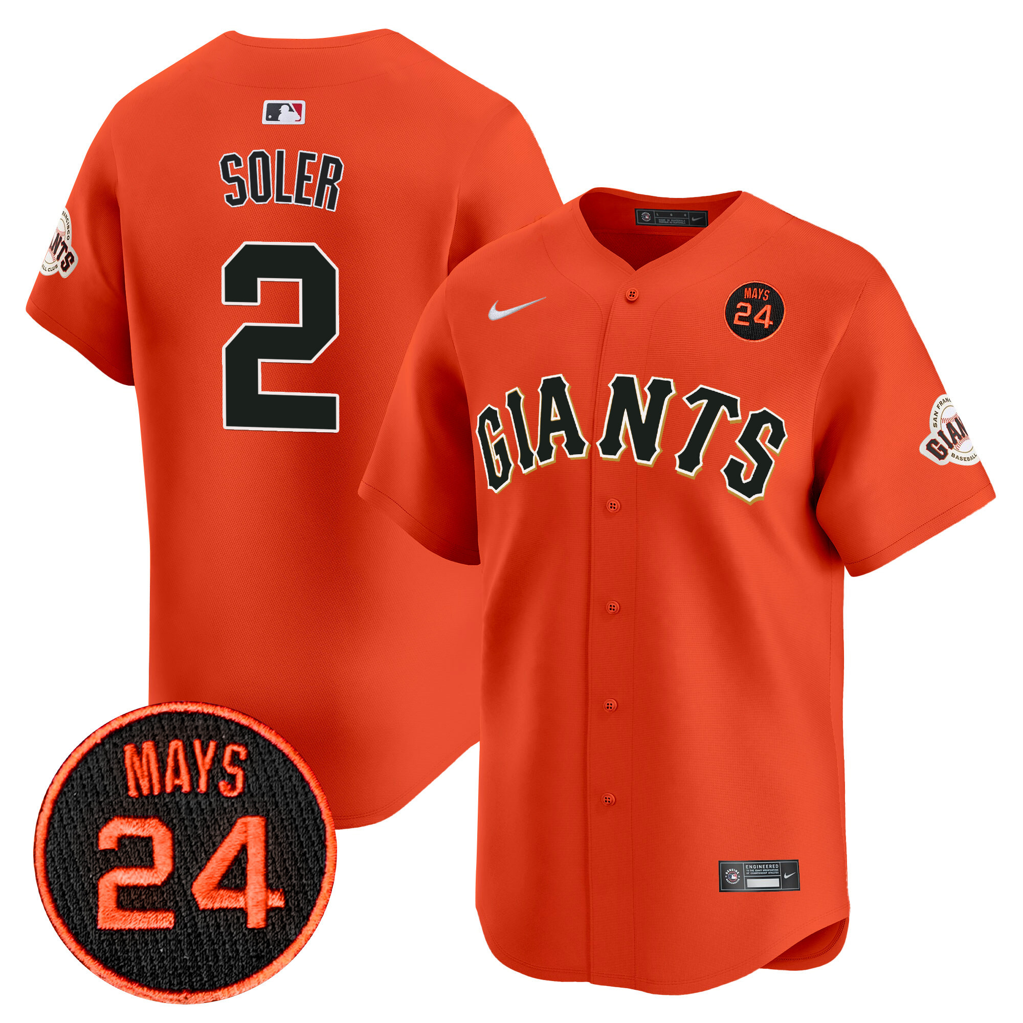 Men's Jorge Soler San Francisco Giants 2024 Willie Mays Patch Vapor Premier Limited Orange Jersey V3 - All Stitched