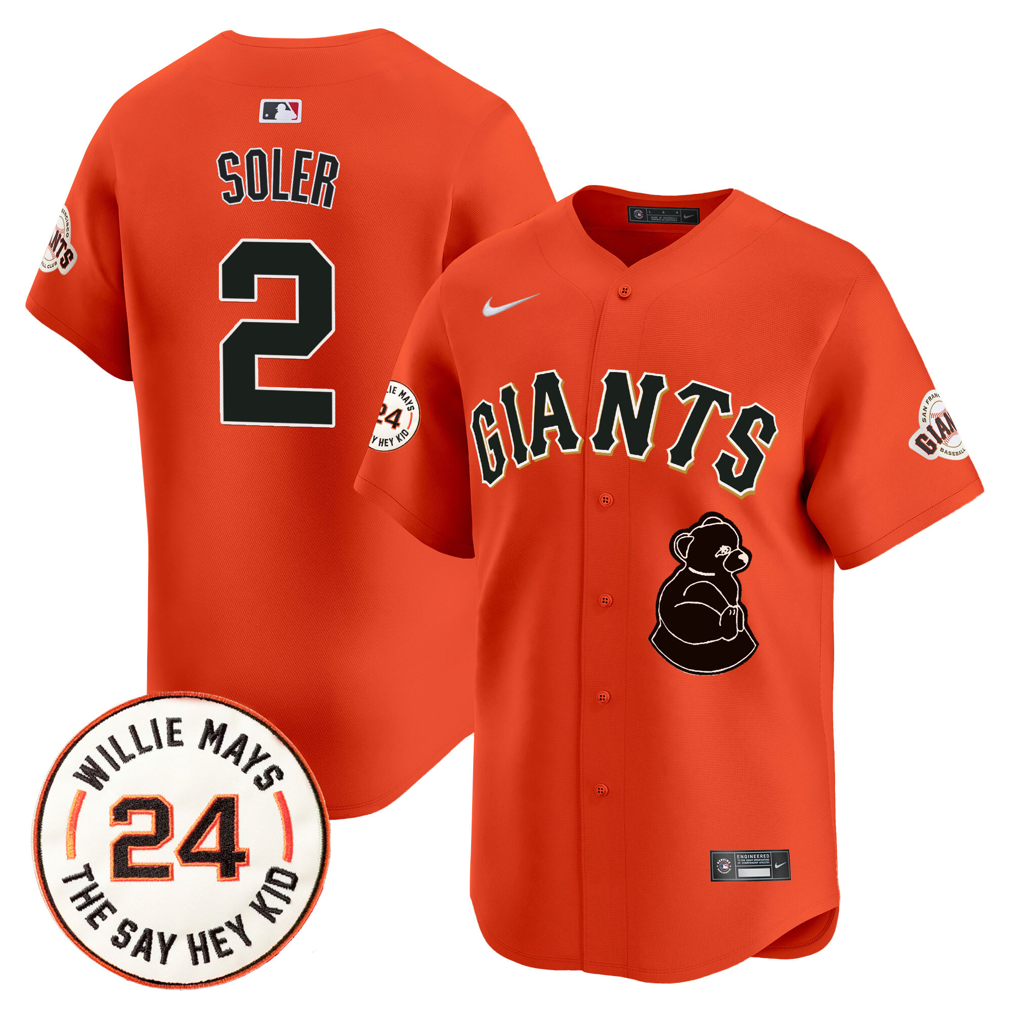 Men's Jorge Soler San Francisco Giants 2024 Willie Mays Patch Vapor Premier Limited Orange Jersey V4 - All Stitched