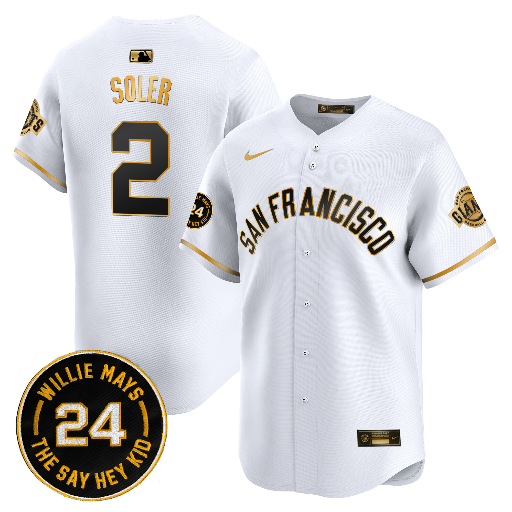 Men's Jorge Soler San Francisco Giants 2024 Willie Mays Patch Vapor Premier Limited White Gold Jersey V5 - All Stitched