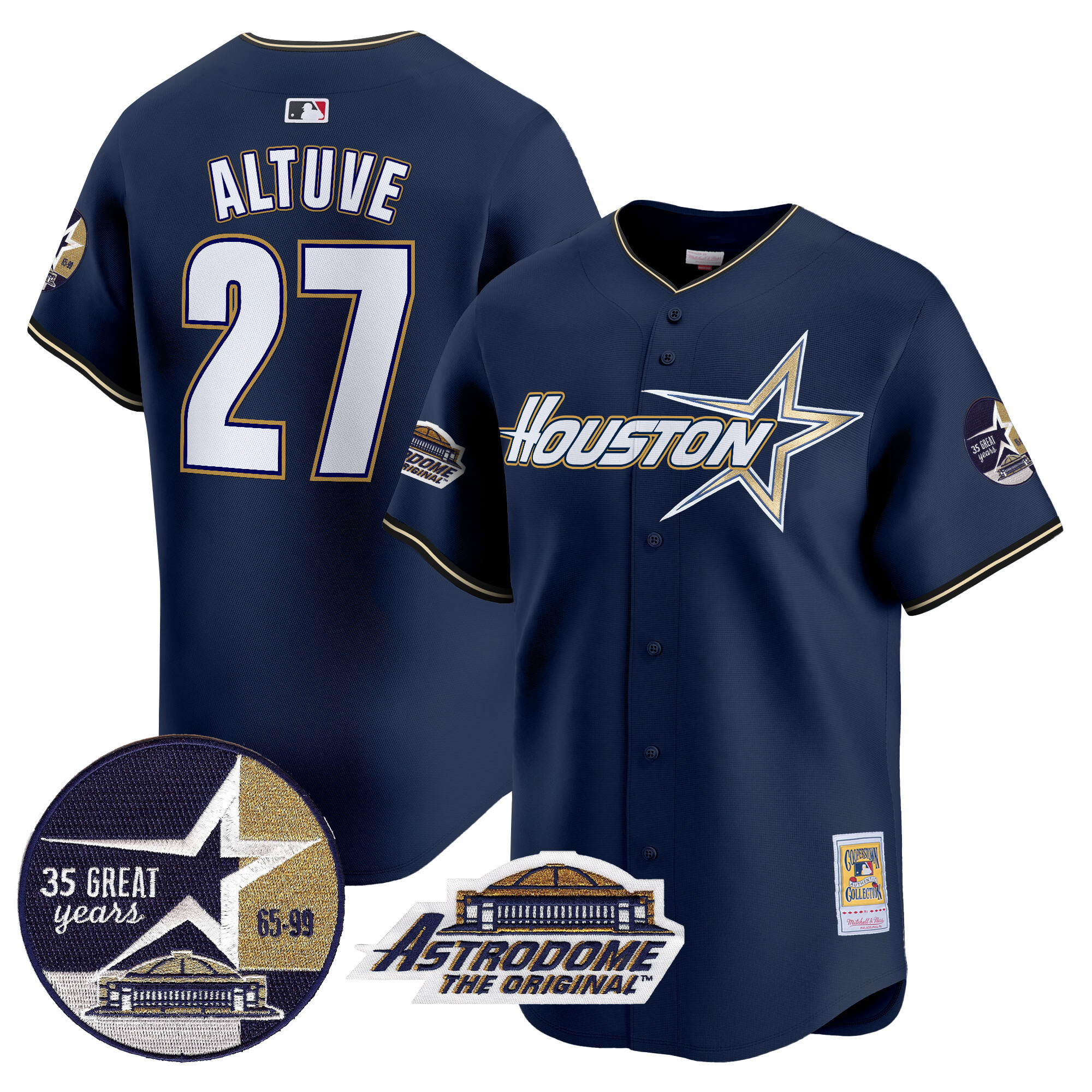 Men's JosÈ Altuve Houston Astros 1999 Throwback 35th & Astrodome Patch Vapor Premier Limited Navy Jersey V2 - All Stitched