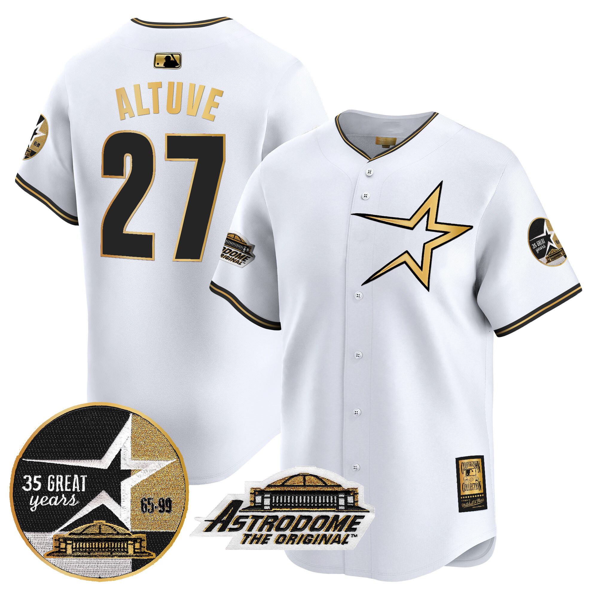 Men's JosÈ Altuve Houston Astros 1999 Throwback 35th & Astrodome Patch Vapor Premier Limited White Gold Jersey - All Stitched