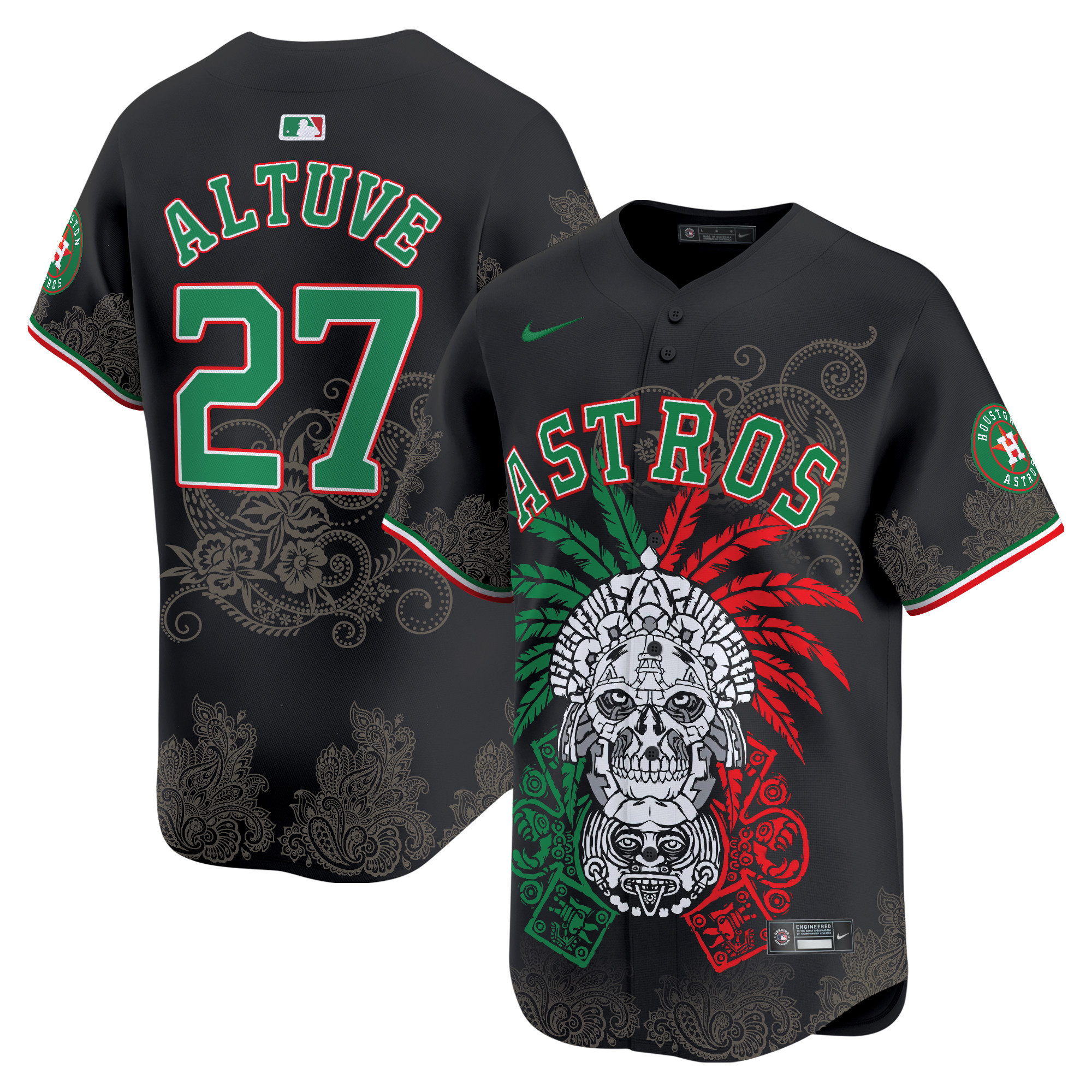 Men's JosÈ Altuve Houston Astros Aztec Warrior Skull Vapor Premier Limited Black Jersey V2 - Printed
