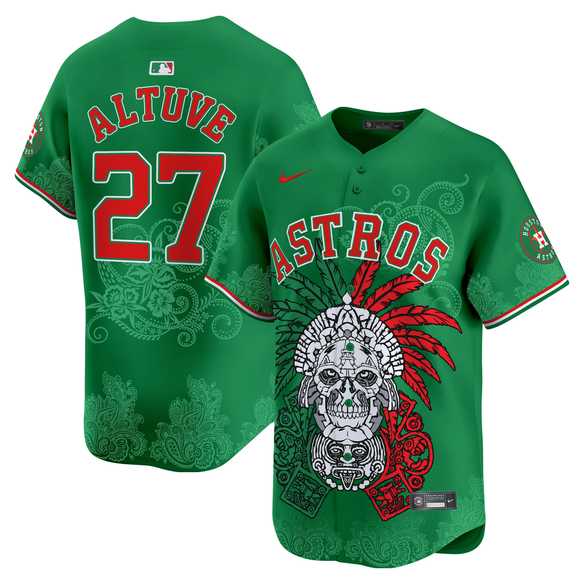 Men's JosÈ Altuve Houston Astros Aztec Warrior Skull Vapor Premier Limited Green Jersey V2 - Printed