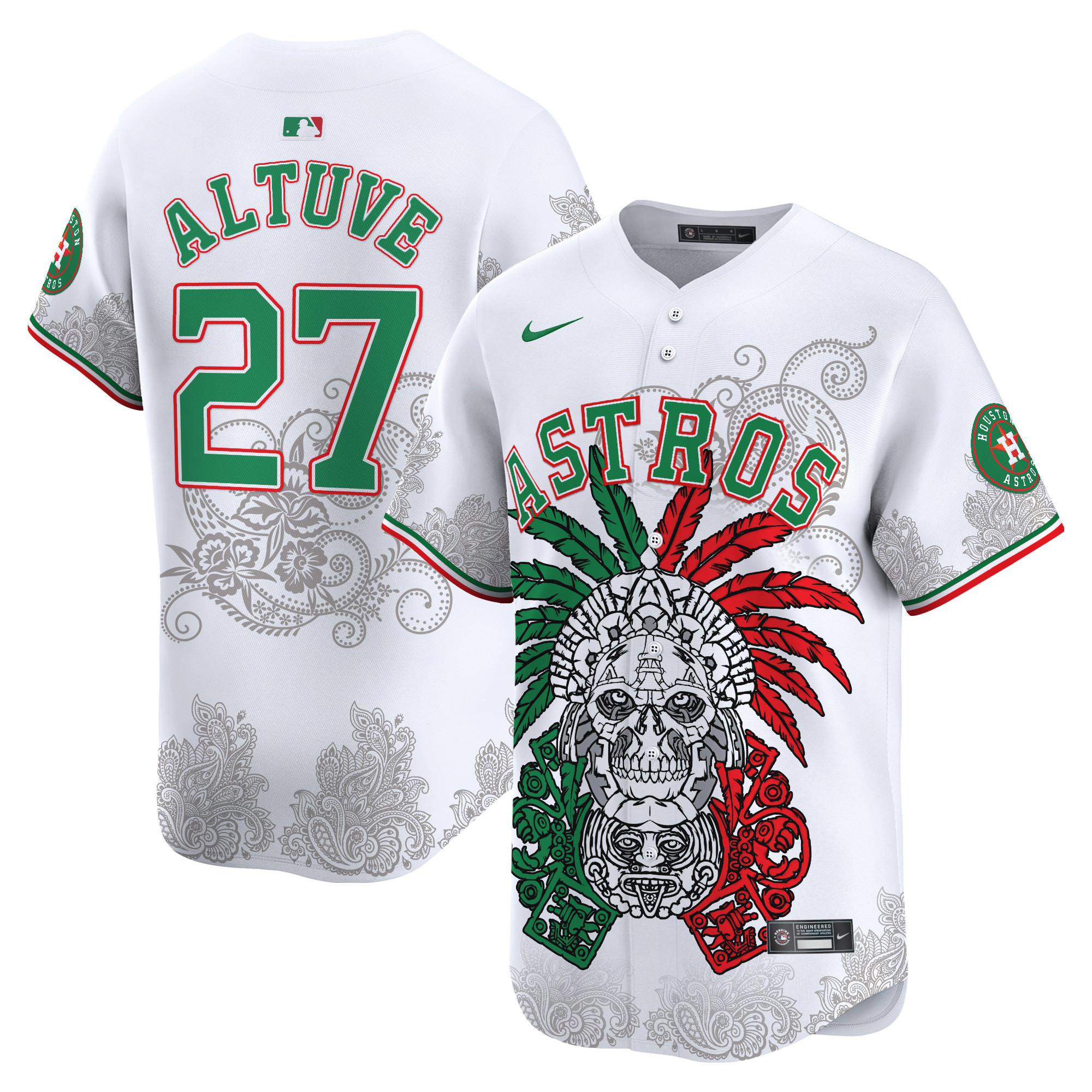 Men's JosÈ Altuve Houston Astros Aztec Warrior Skull Vapor Premier Limited White Jersey V2 - Printed