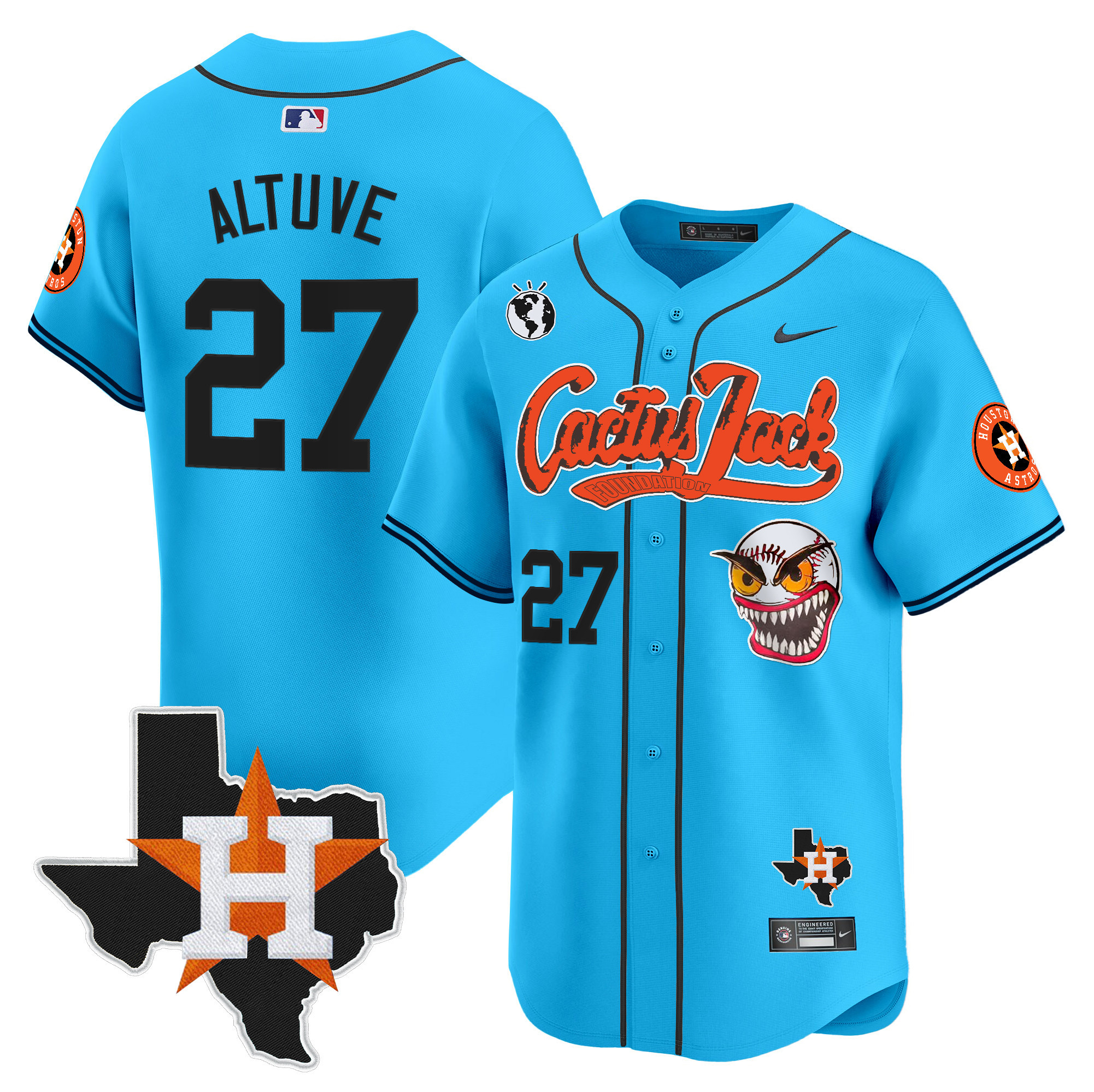 Men's JosÈ Altuve Houston Astros Cactus Jack Patch Vapor Premier Limited Light Blue Jersey V12 - Stitched