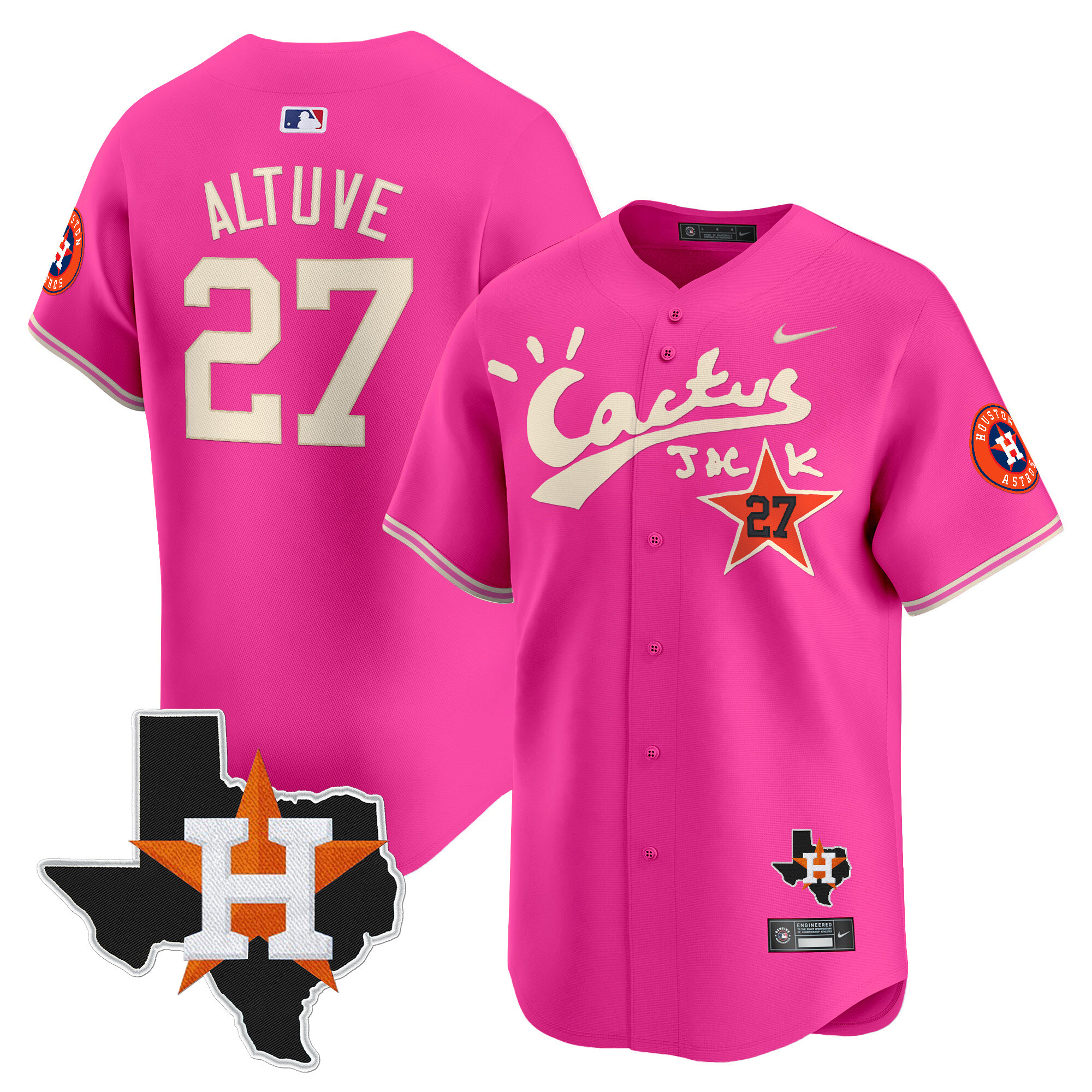Men's JosÈ Altuve Houston Astros Cactus Jack Patch Vapor Premier Limited Pink Jersey V11 - Stitched