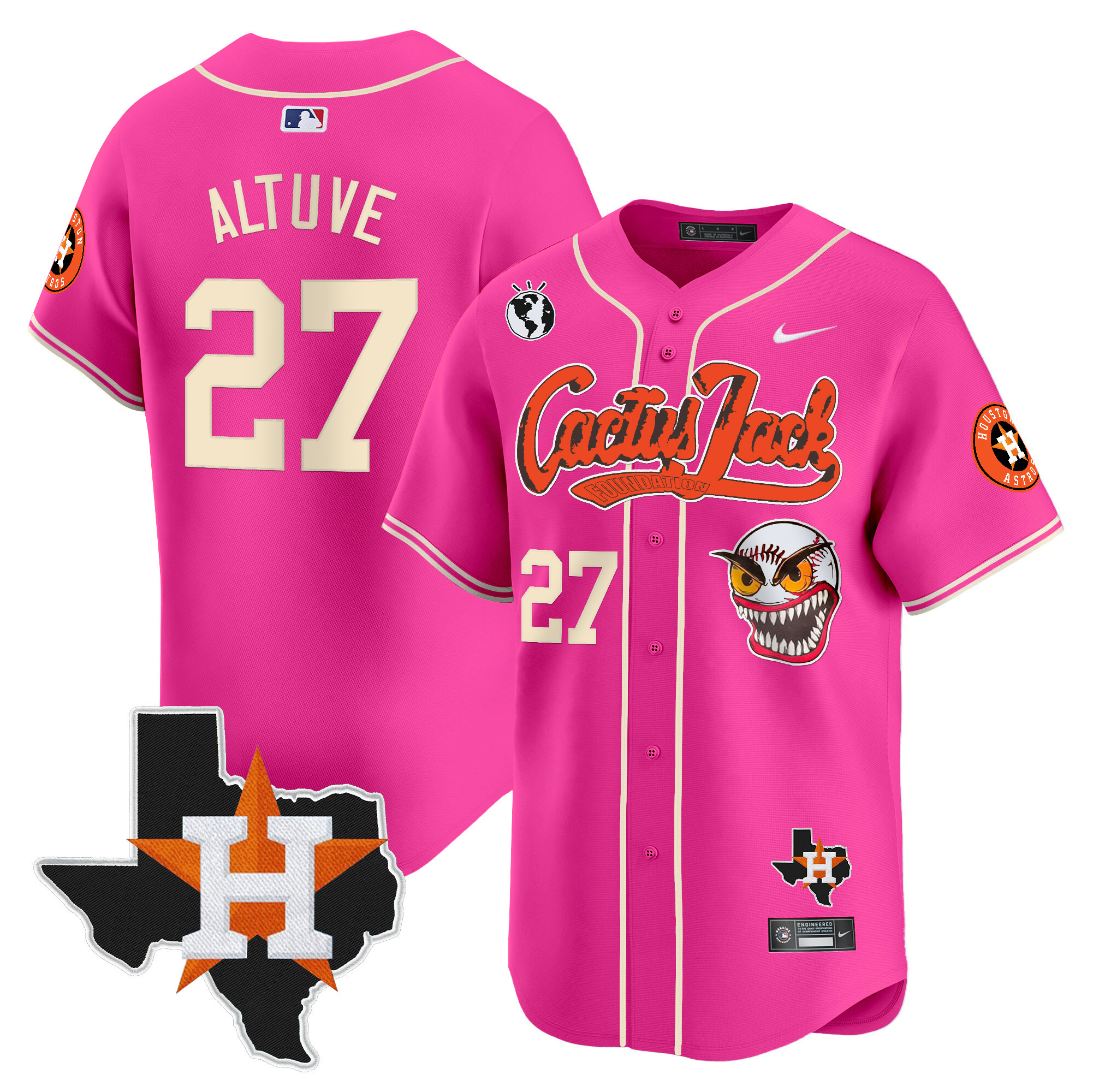 Men's JosÈ Altuve Houston Astros Cactus Jack Patch Vapor Premier Limited Pink Jersey V12 - Stitched
