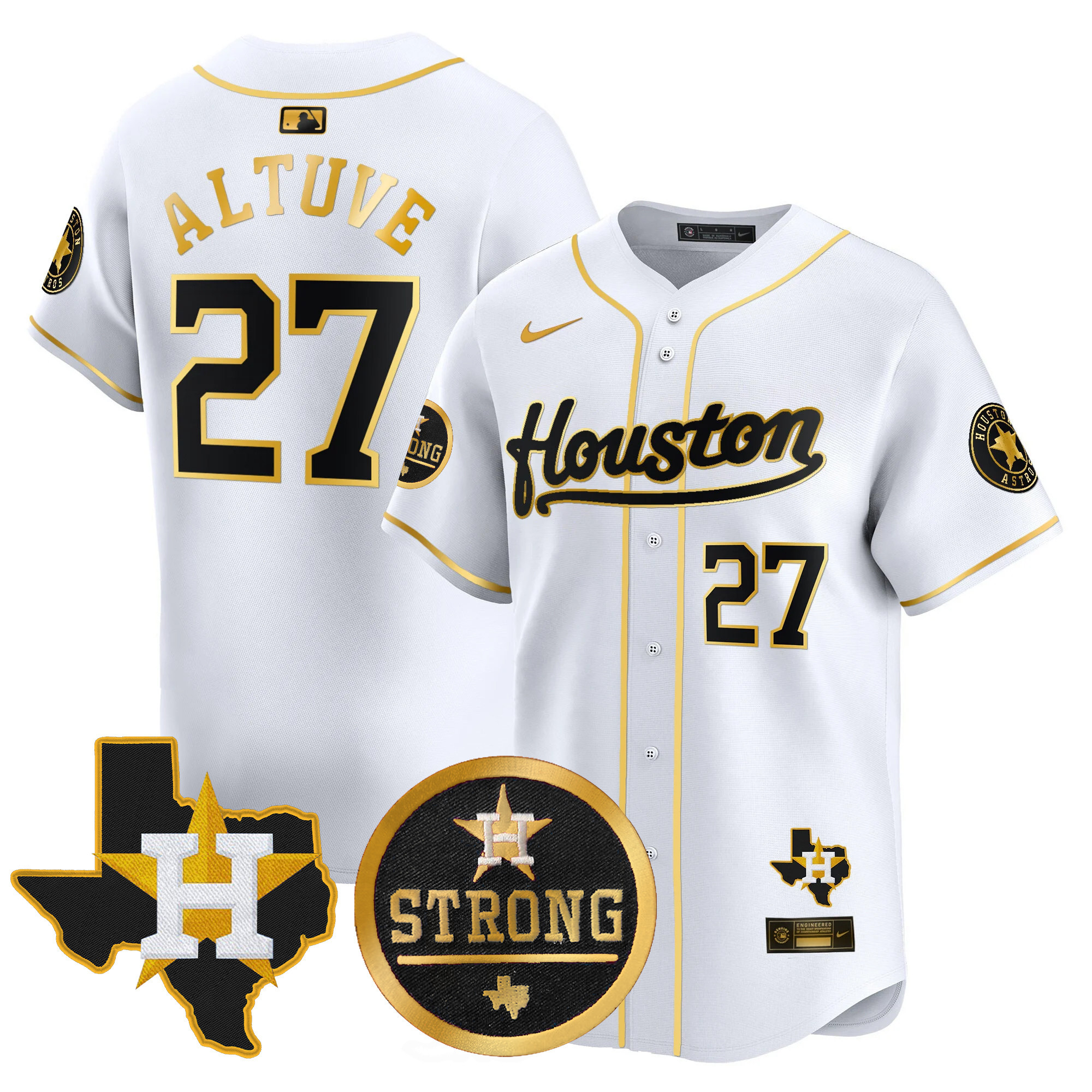 Men's JosÈ Altuve Houston Astros "Houston Strong" Patch Vapor Premier Limited White Gold Jersey - All Stitched