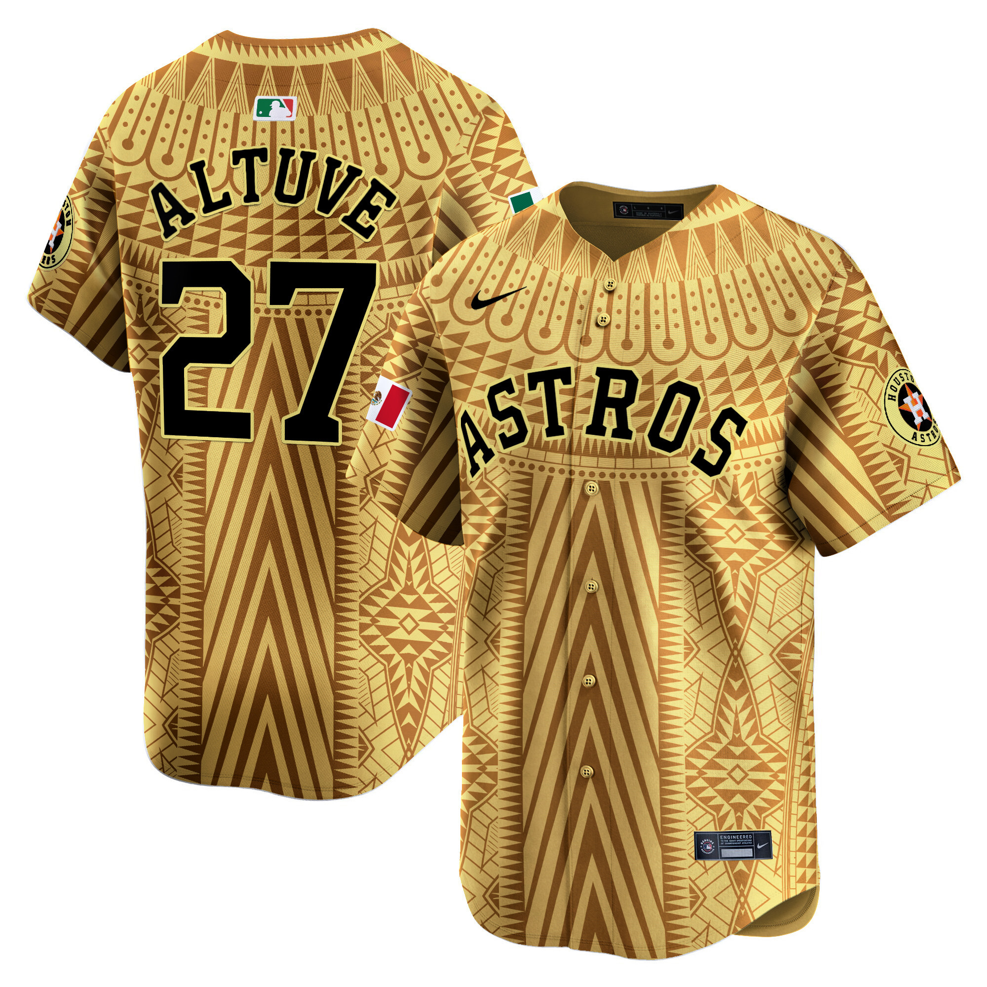 Men's JosÈ Altuve Houston Astros Mexico Aztec Pattern Vapor Premier Limited Gold Jersey - Printed