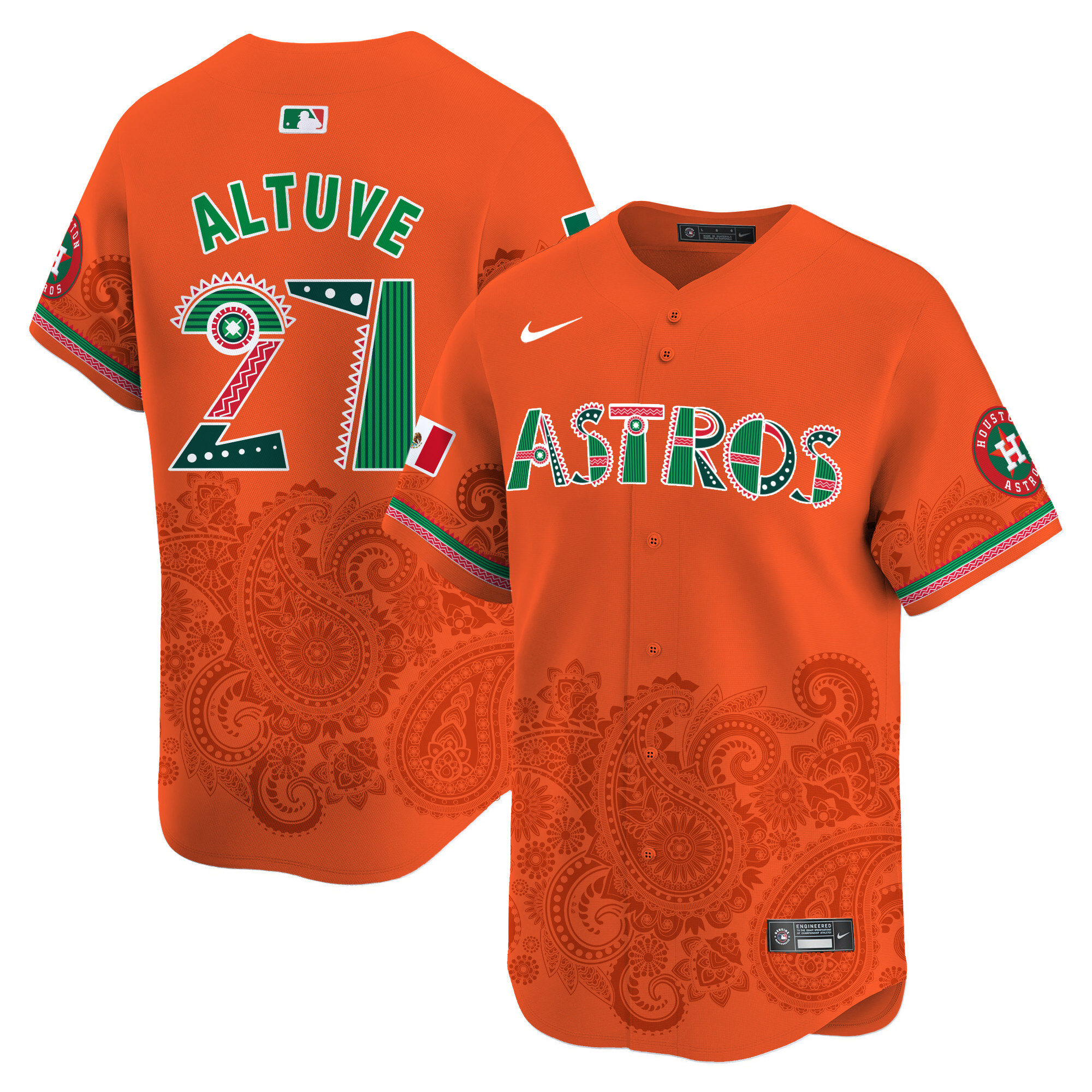 Men's JosÈ Altuve Houston Astros Paisley Mexico Vapor Premier Limited Orange Jersey V2- Printed