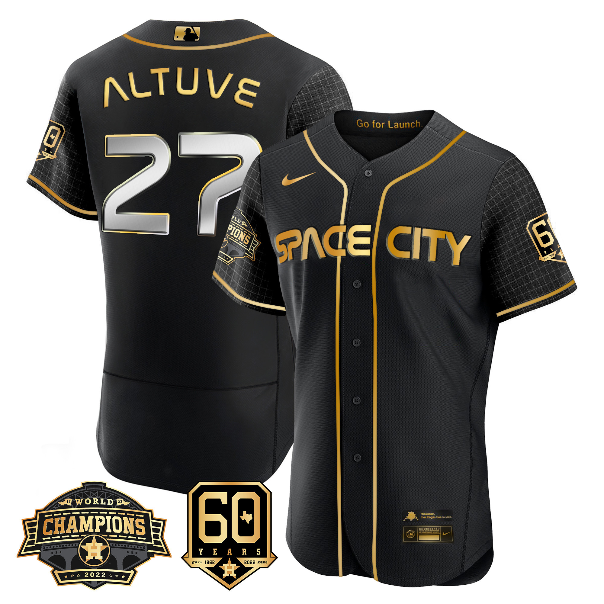 Men's JosÈ Altuve Houston Astros Space City 2022 Champions & 60th Anniversary Patch Flex Black Jersey ñ All Stitched