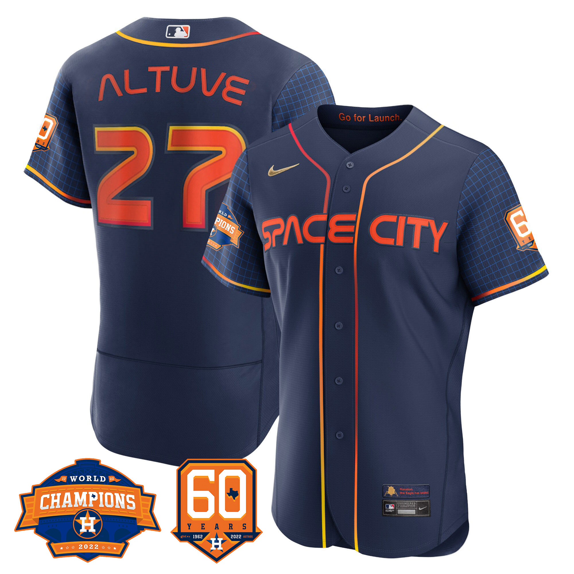 Men's JosÈ Altuve Houston Astros Space City 2022 Champions & 60th Anniversary Patch Flex Navy Jersey ñ All Stitched