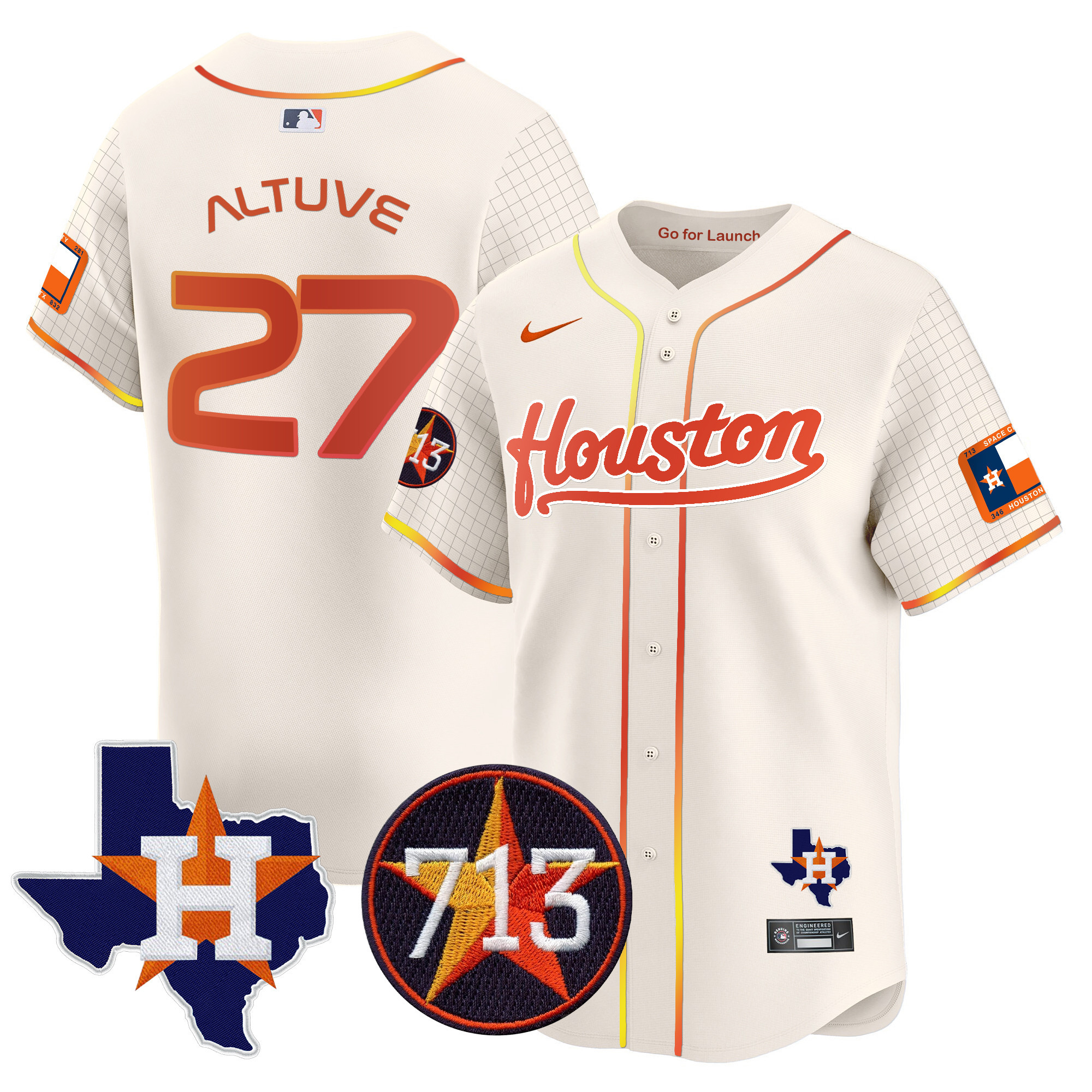Men's JosÈ Altuve Houston Astros Space City 713 Patch Vapor Premier Limited Cream Jersey - All Stitched