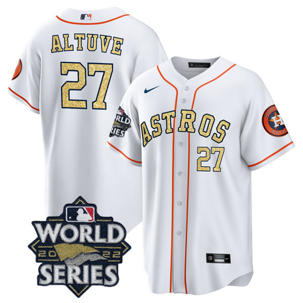 Men's JosÈ Altuve Houston Astros White Gold 2022 World Series Cool Base Jersey ñ All Stitched