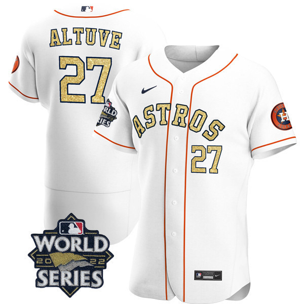 Men's JosÈ Altuve Houston Astros White Gold 2022 World Series Flex Base Jersey ñ All Stitched
