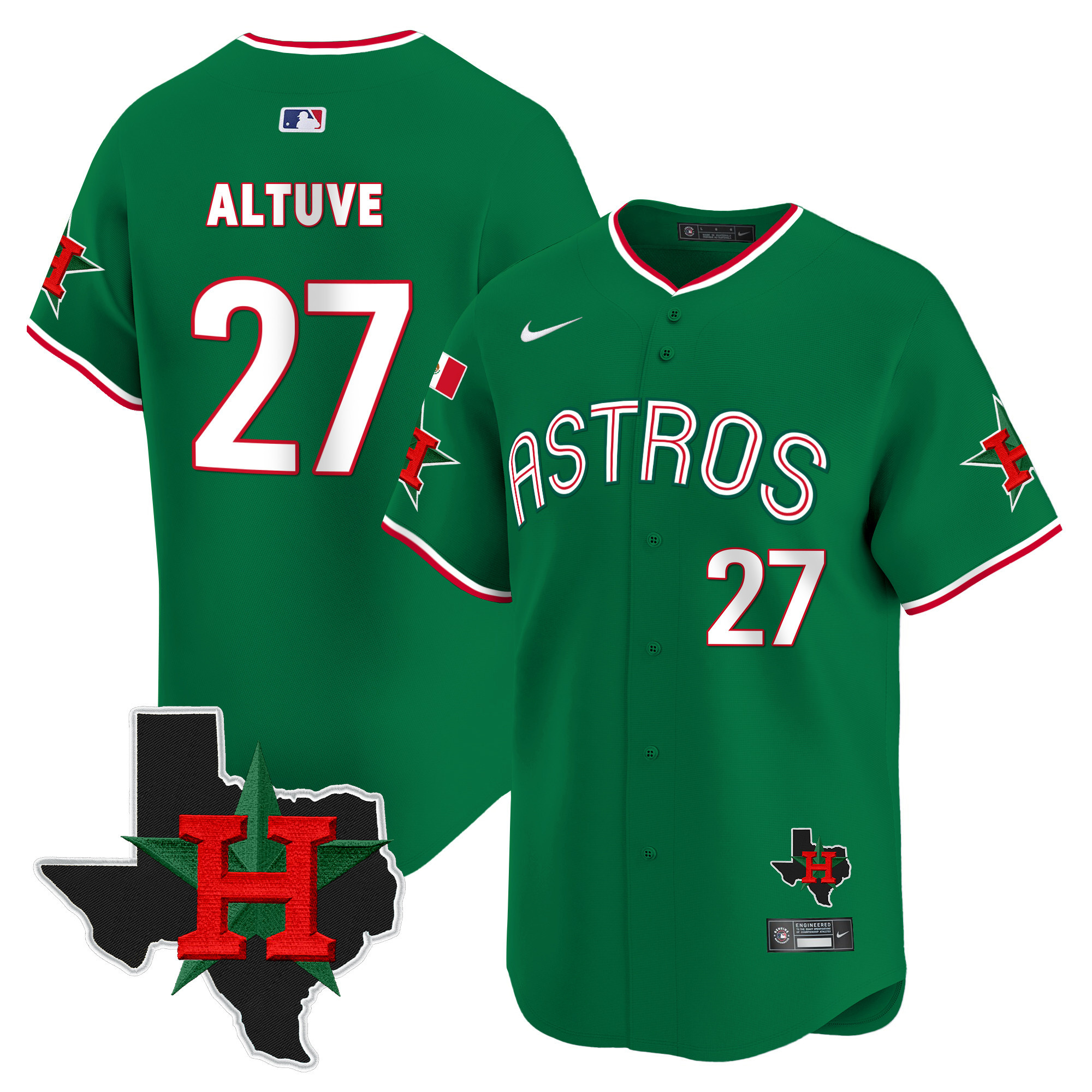Men's JosÈ Altuve Mexico Texas Patch Vapor Premier Limited Green Houston Astros Jersey V3 - All Stitched
