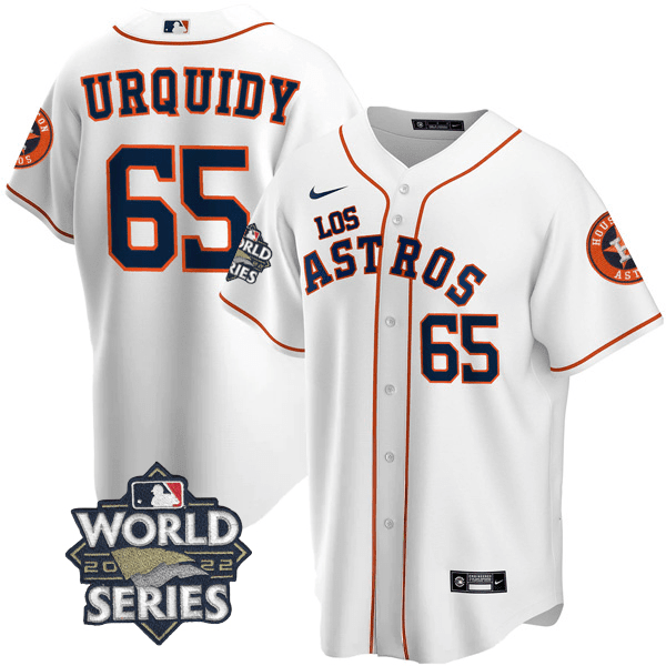 Men's JosÈ Urquidy Houston Astros - ìLos Astrosî Hispanic Heritage World Series Patch White Jersey ñ All Stitched