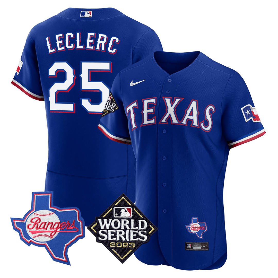 Men’s José Leclerc Texas Rangers Texas State & 2023 World Series Patch Jersey – All Stitched – Blue