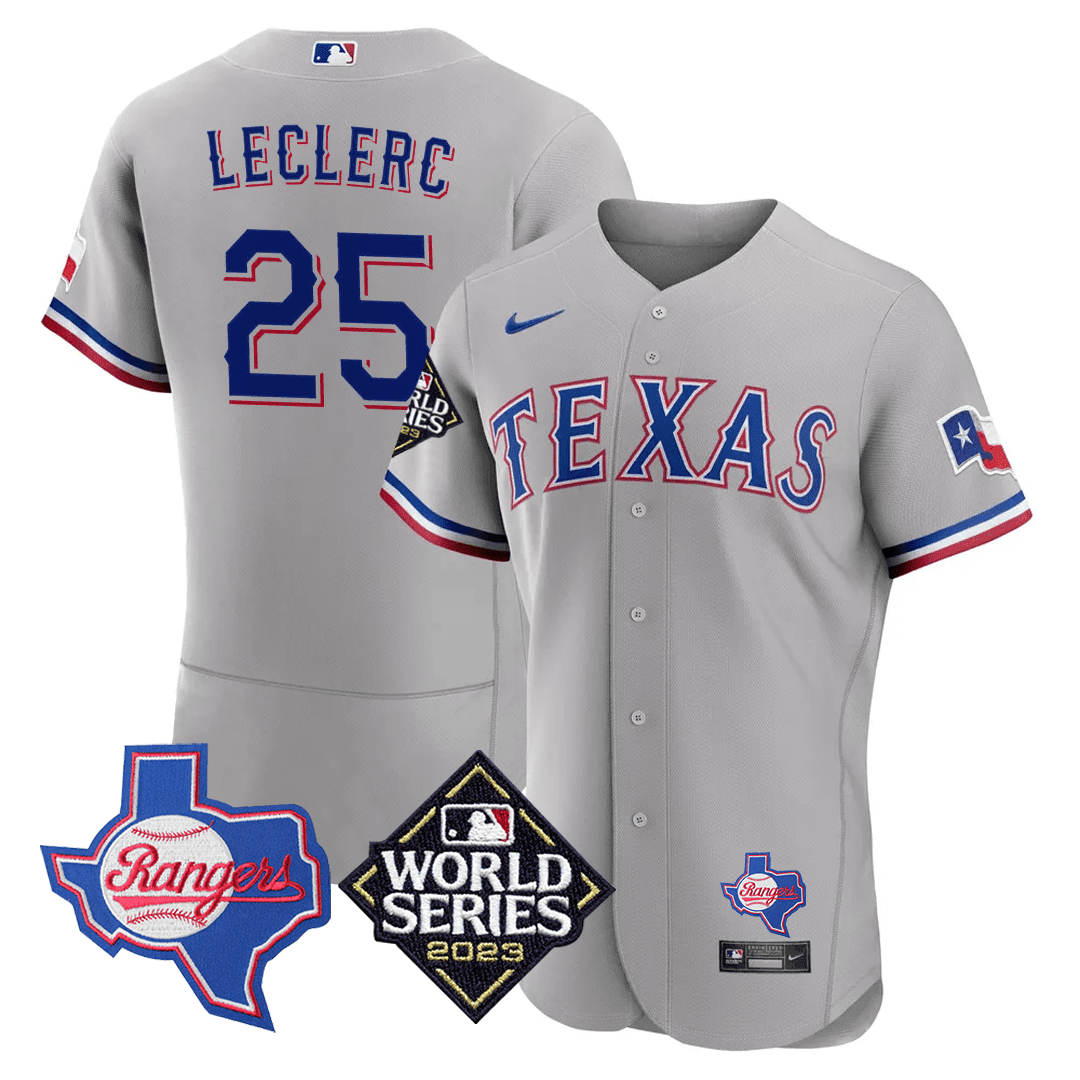 Men's José Leclerc Texas Rangers Texas State & 2023 World Series Patch Jersey - All Stitched - Grey