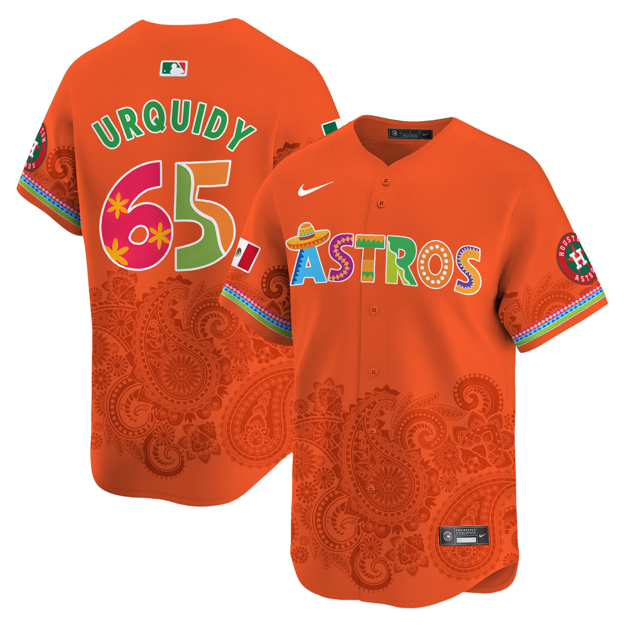 Men's Jose Urquidy Houston Astros Paisley Mexico Vapor Premier Limited Orange Jersey V5- Printed