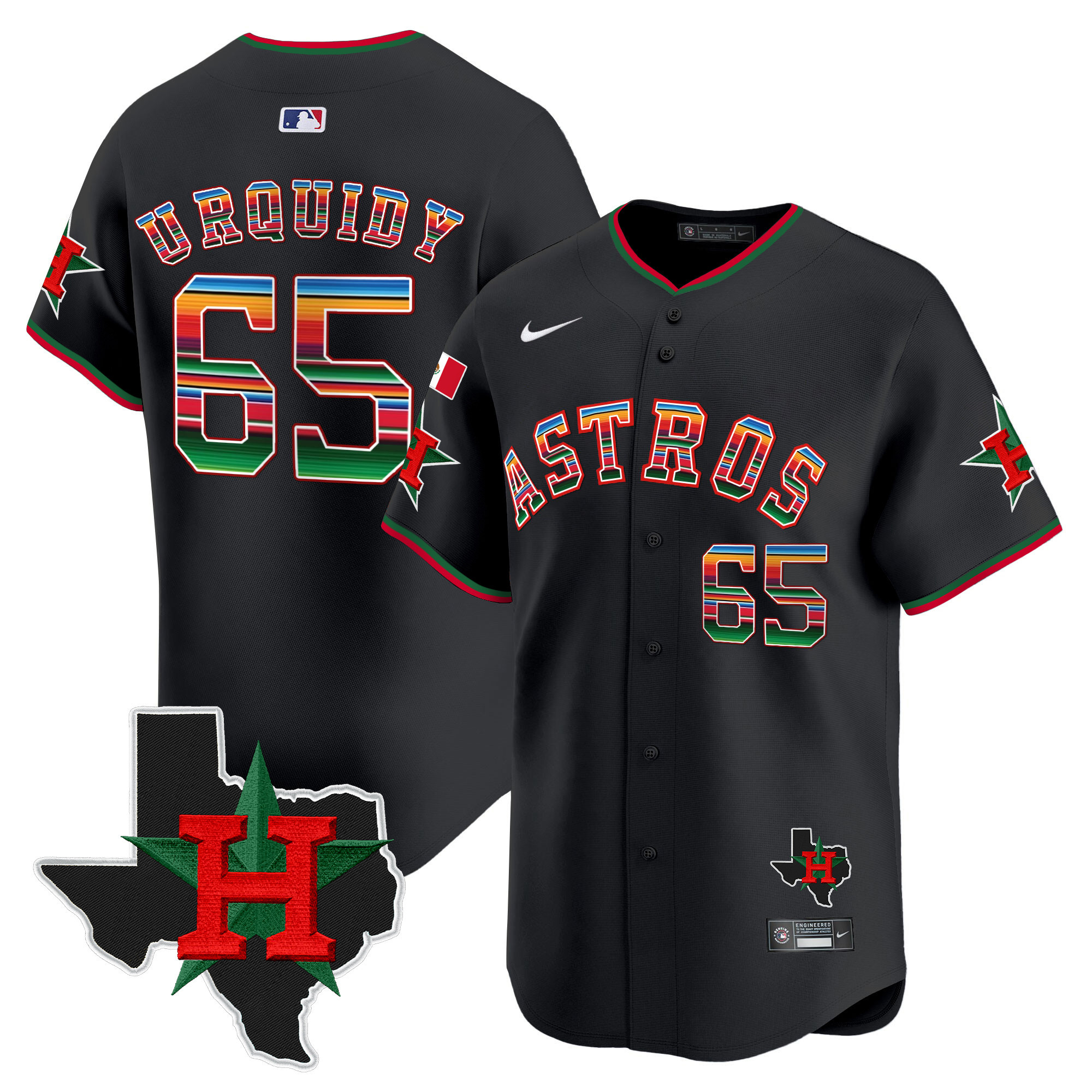 Men's Jose Urquidy Mexico Texas Patch Vapor Premier Limited Black Houston Astros Jersey V2 - All Stitched