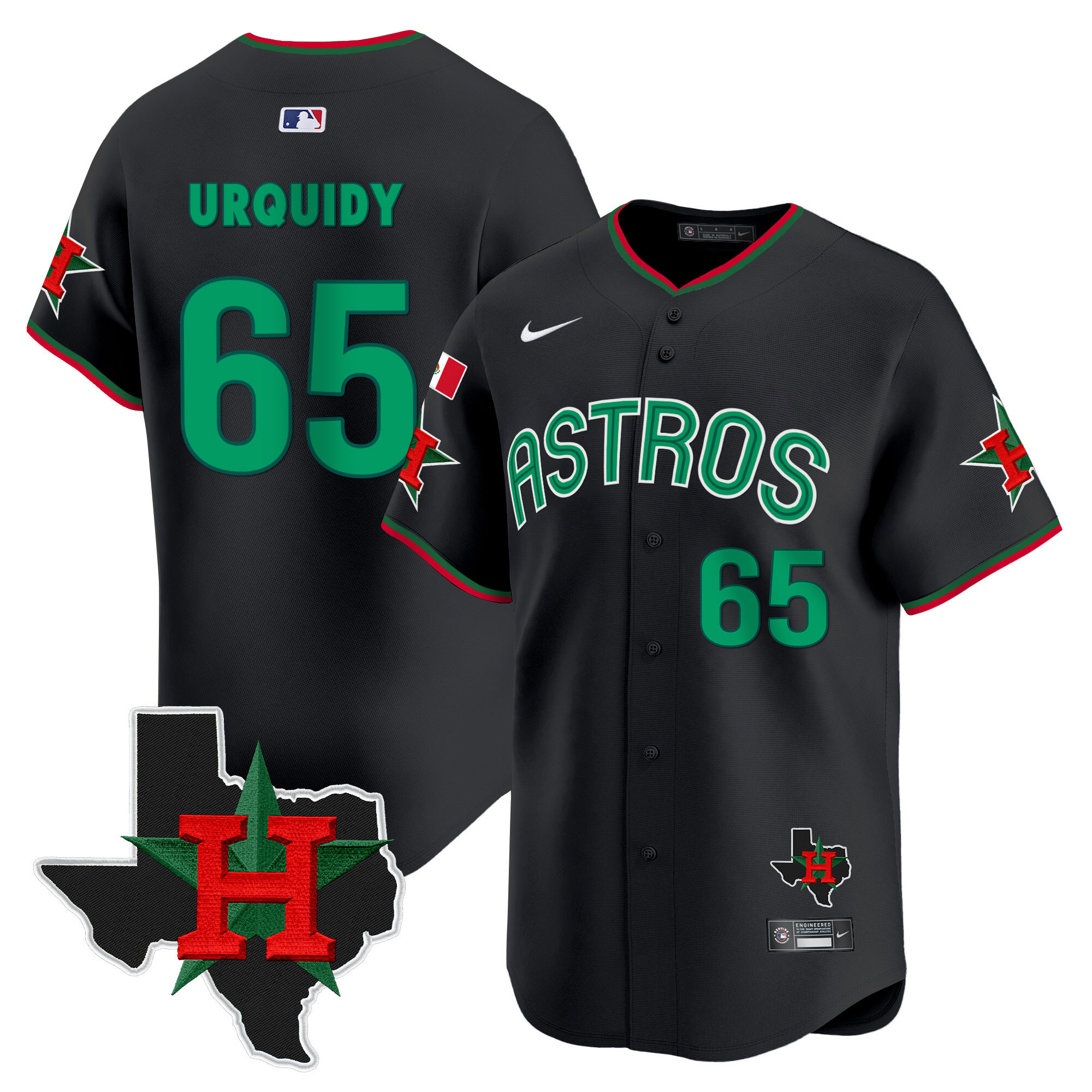 Men's Jose Urquidy Mexico Texas Patch Vapor Premier Limited Black Houston Astros Jersey V3 - All Stitched