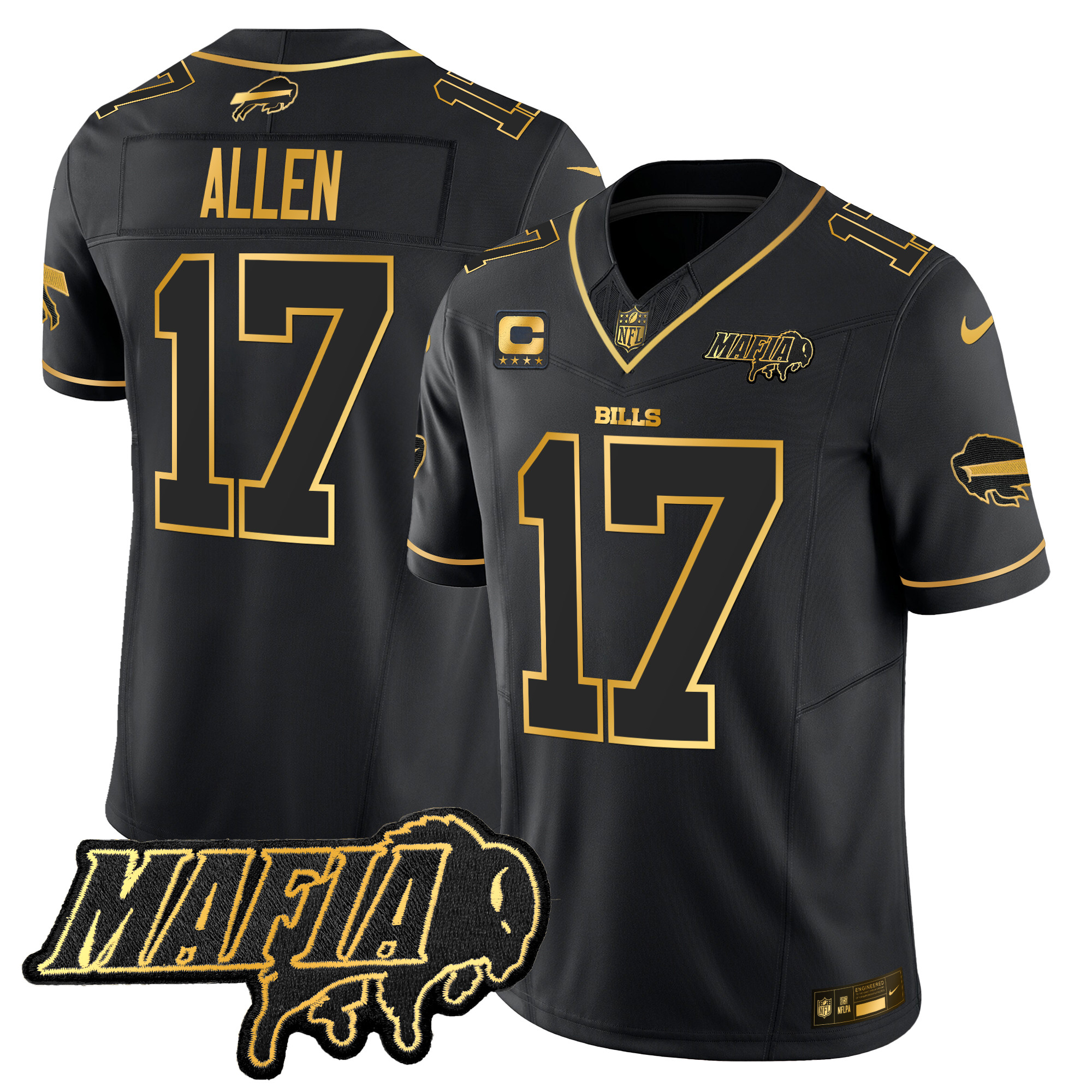 Men's Josh Allen Buffalo Bills 2024 Buffalo Bills Mafia Patch Gold Vapor Limited Black Gold Jersey - All Stitched