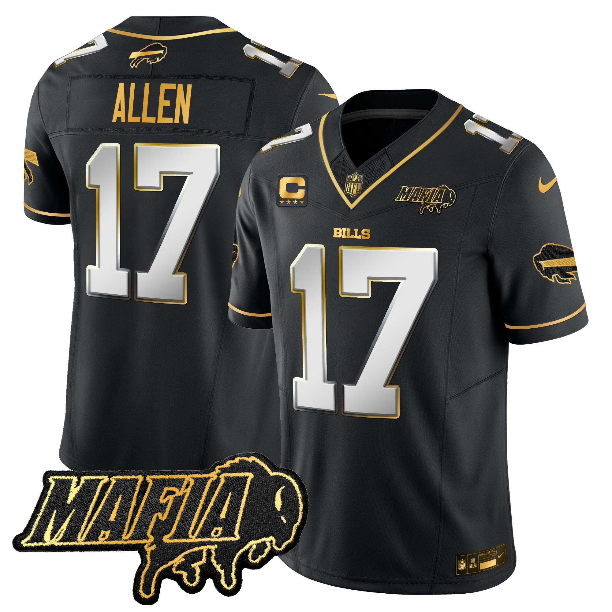 Men's Josh Allen Buffalo Bills 2024 Buffalo Bills Mafia Patch Gold Vapor Limited Black Limited Jersey - All Stitched