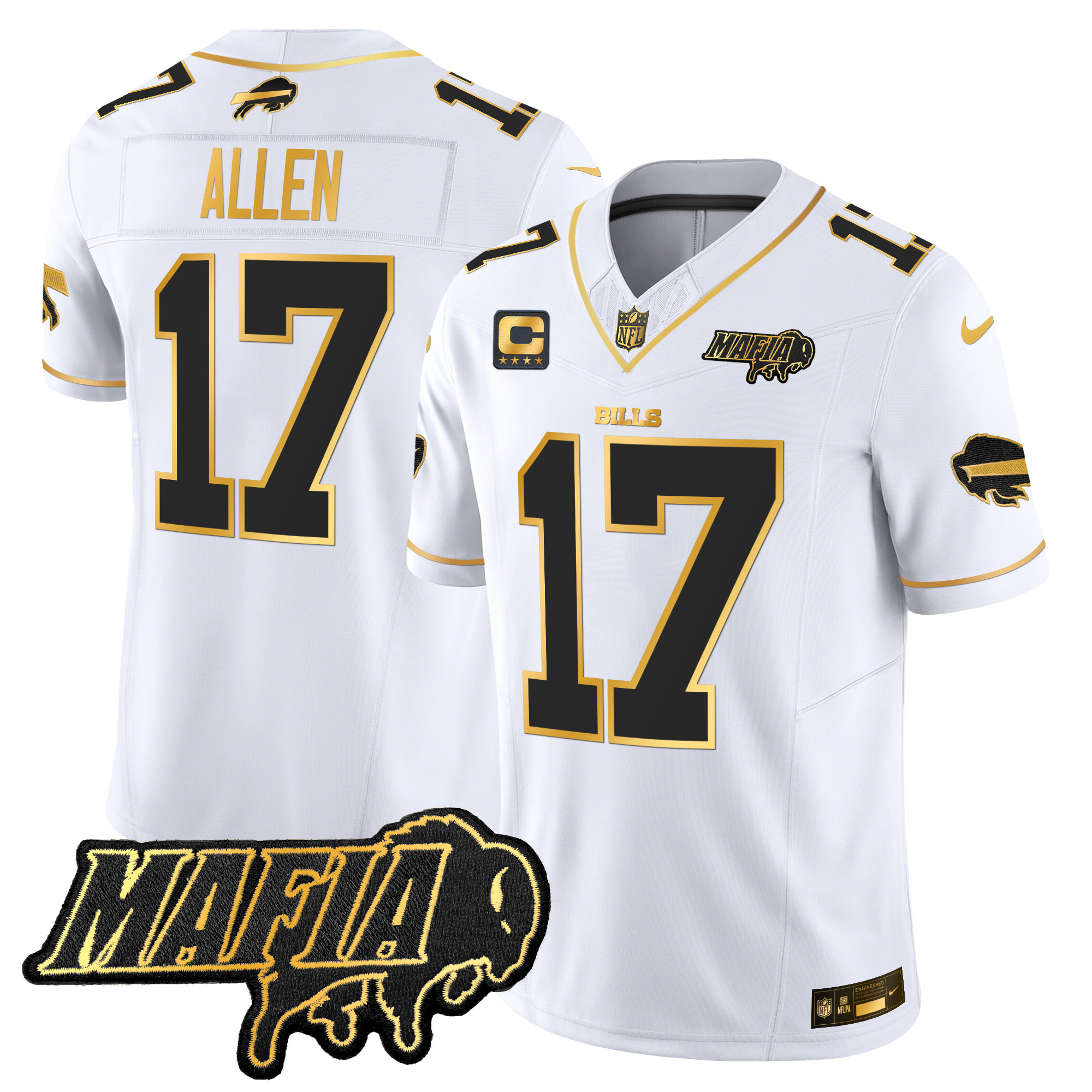 Men's Josh Allen Buffalo Bills 2024 Buffalo Bills Mafia Patch Gold Vapor Limited White Gold Jersey - All Stitched