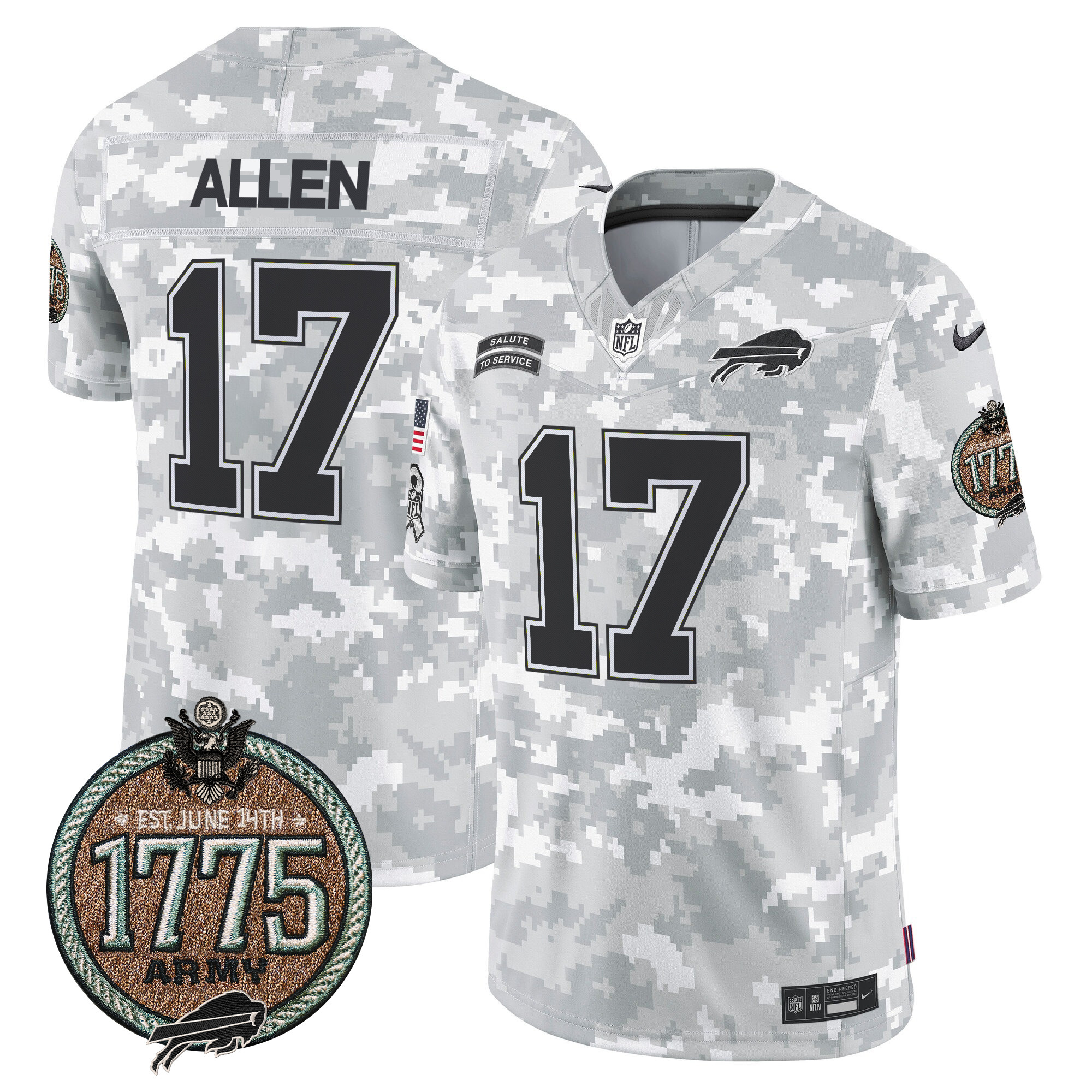 Men's Josh Allen Buffalo Bills 2024 Salute to Service Establishment Year Patch Vapor Limited Army Jersey - All Stitched