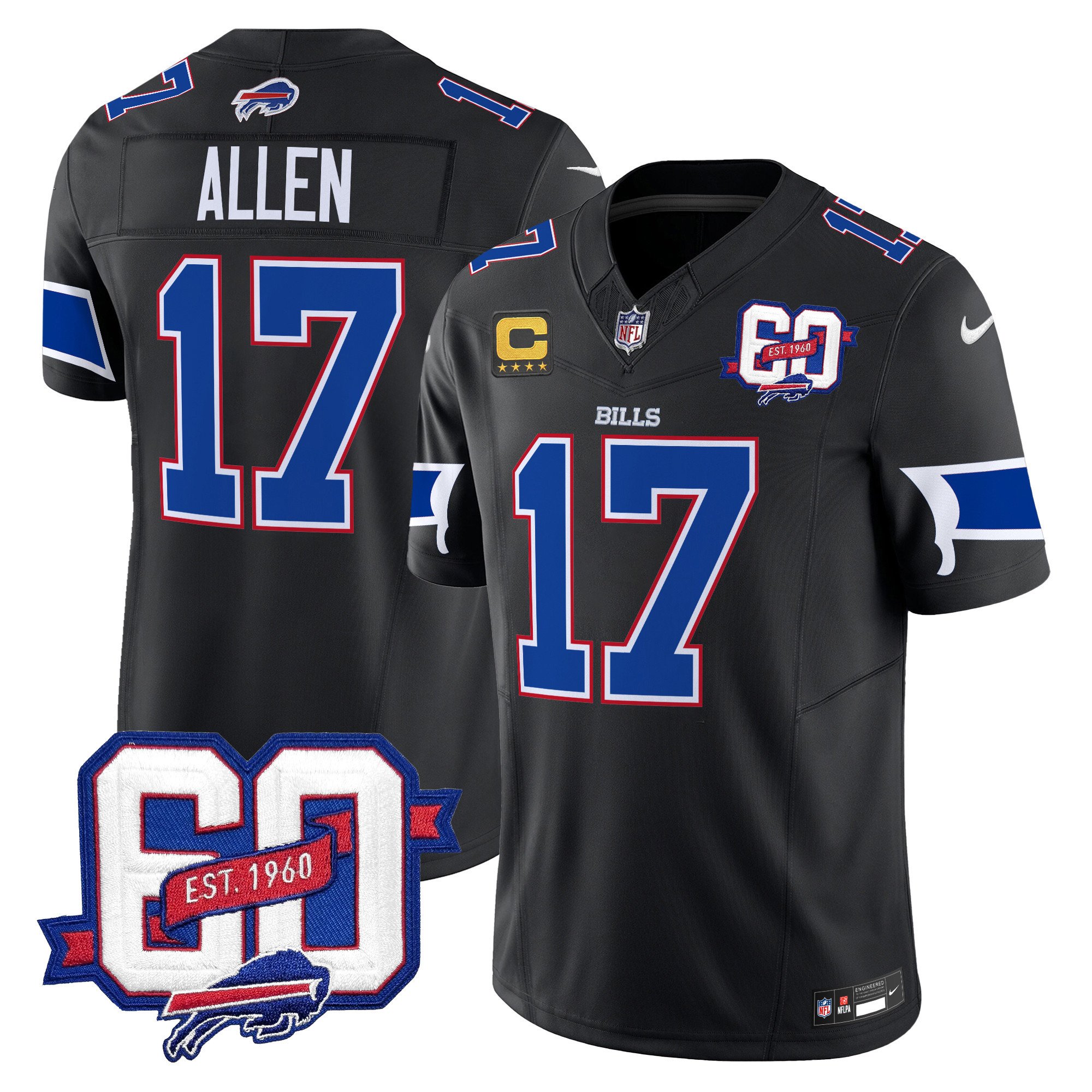 Men's Josh Allen Buffalo Bills 60th Anniversary Patch Vapor Limited Black Jersey - All Stitched