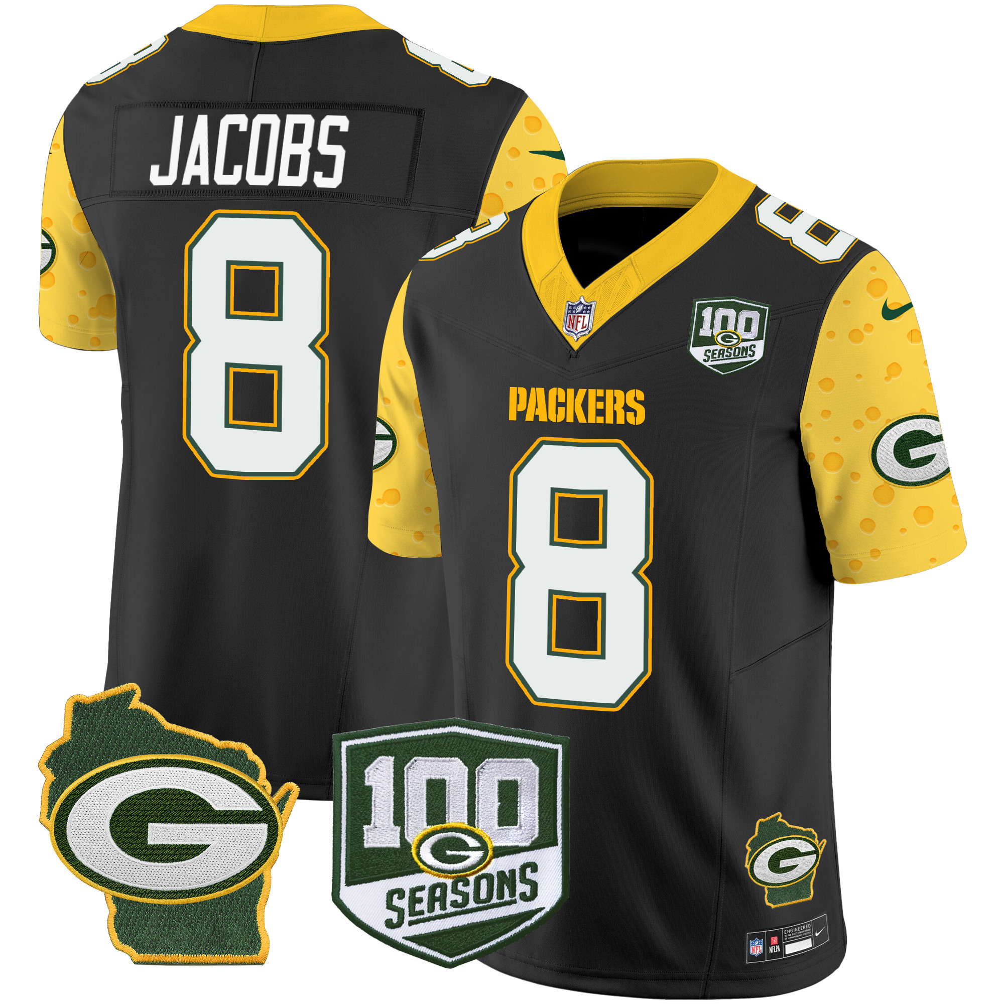 Men's Josh Jacobs Green Bay Packers 100th Season & Home Patch Cheese Vapor Limited Black Jersey – All Stitched