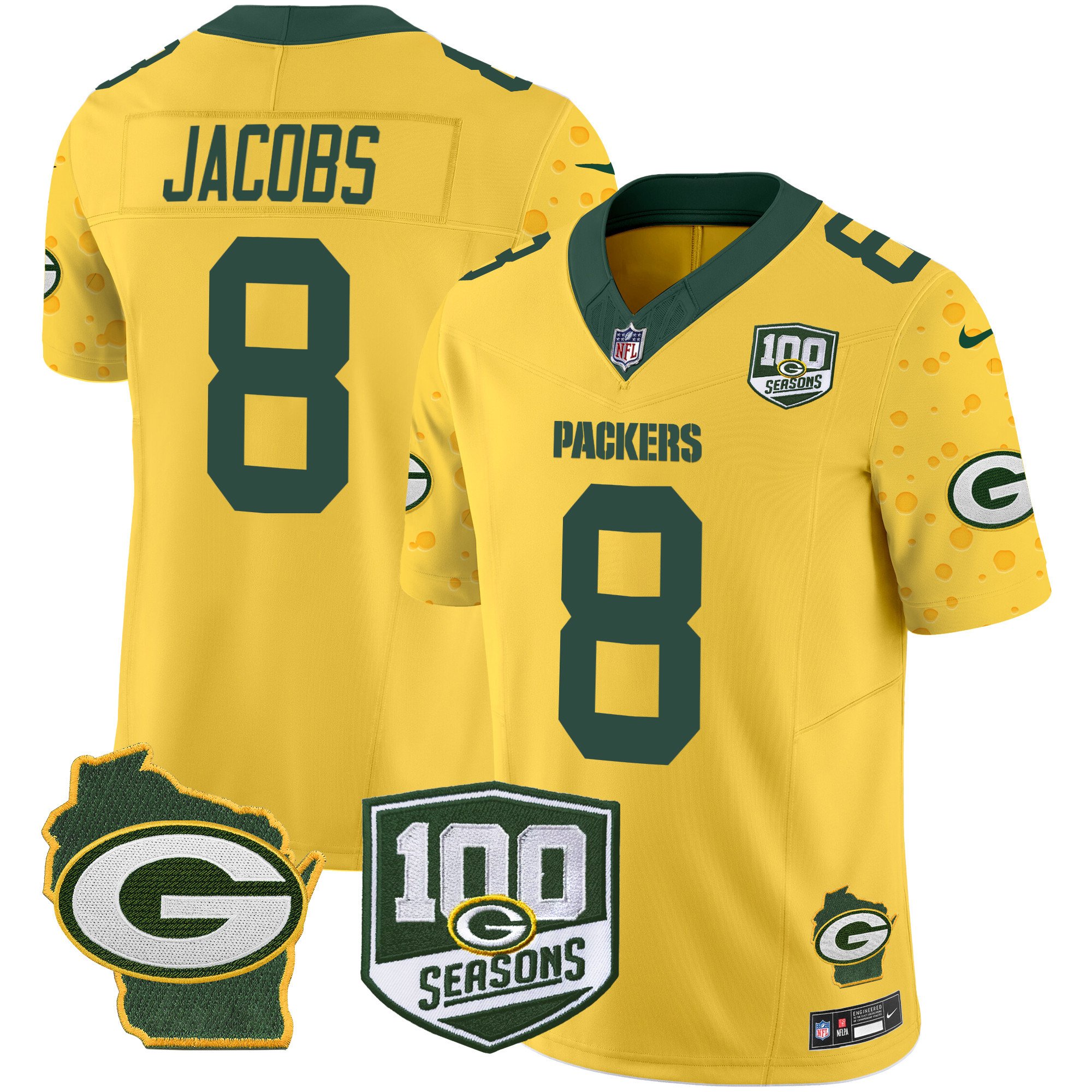Men's Josh Jacobs Green Bay Packers 100th Season & Home Patch Cheese Vapor Limited Gold Jersey – All Stitched