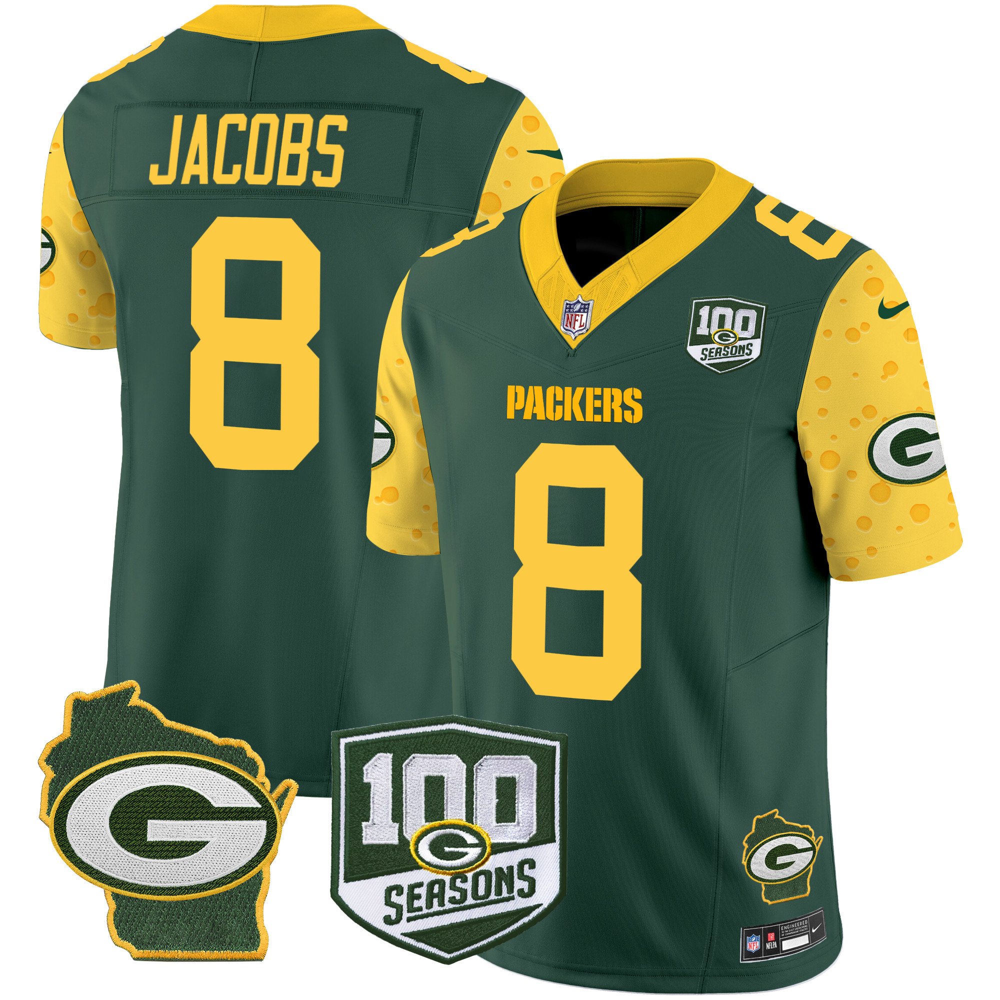 Men's Josh Jacobs Green Bay Packers 100th Season & Home Patch Cheese Vapor Limited Green Jersey – All Stitched