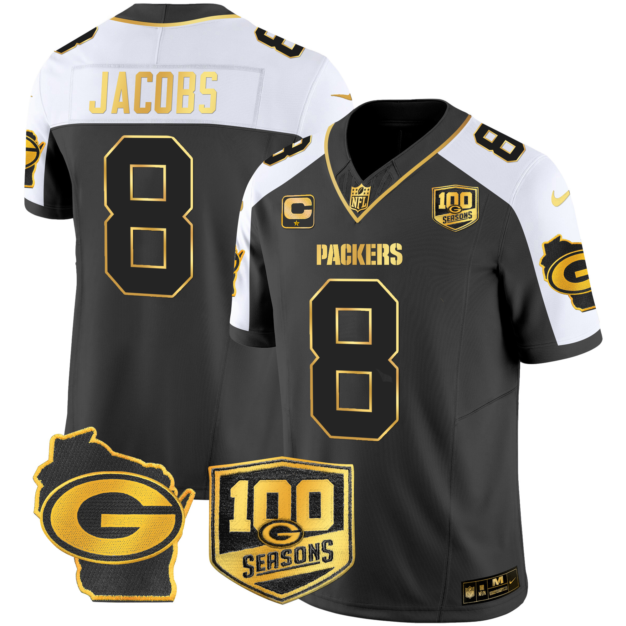 Men's Josh Jacobs Green Bay Packers 100th Season & Home Patch Gold Vapor Limited Alternate Jersey – All Stitched