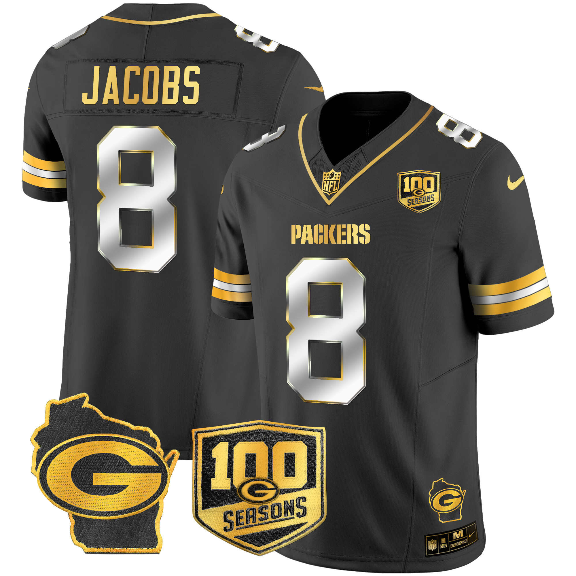 Men's Josh Jacobs Green Bay Packers 100th Season & Home Patch Gold Vapor Limited Black Limited Jersey – All Stitched
