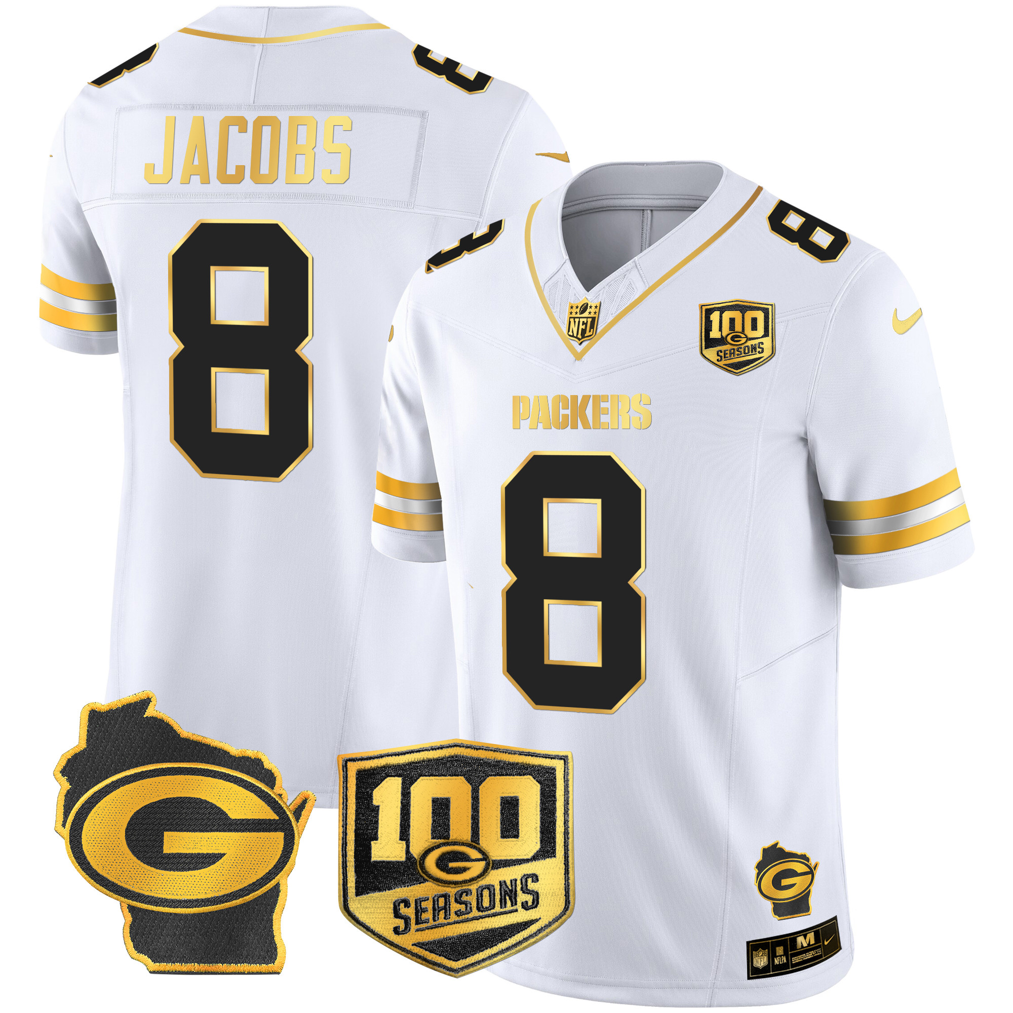 Men's Josh Jacobs Green Bay Packers 100th Season & Home Patch Gold Vapor Limited White Gold Jersey – All Stitched