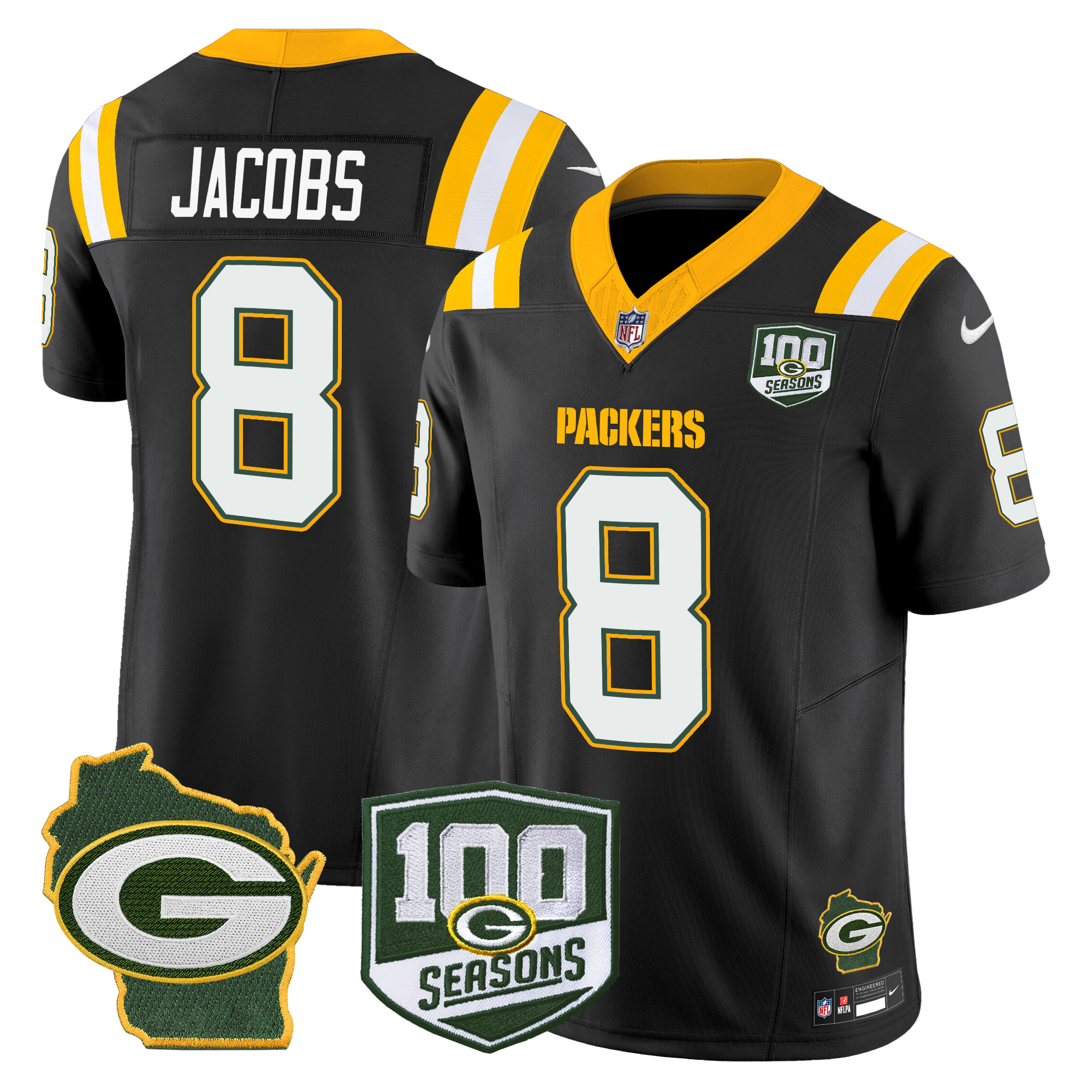 Men's Josh Jacobs Green Bay Packers 100th Season & Home Patch Vapor Limited Black Jersey - All Stitched