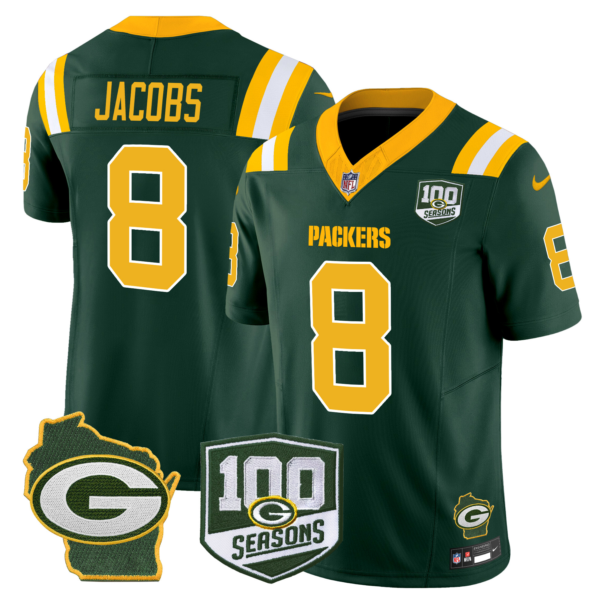 Men's Josh Jacobs Green Bay Packers 100th Season & Home Patch Vapor Limited Green Jersey - All Stitched
