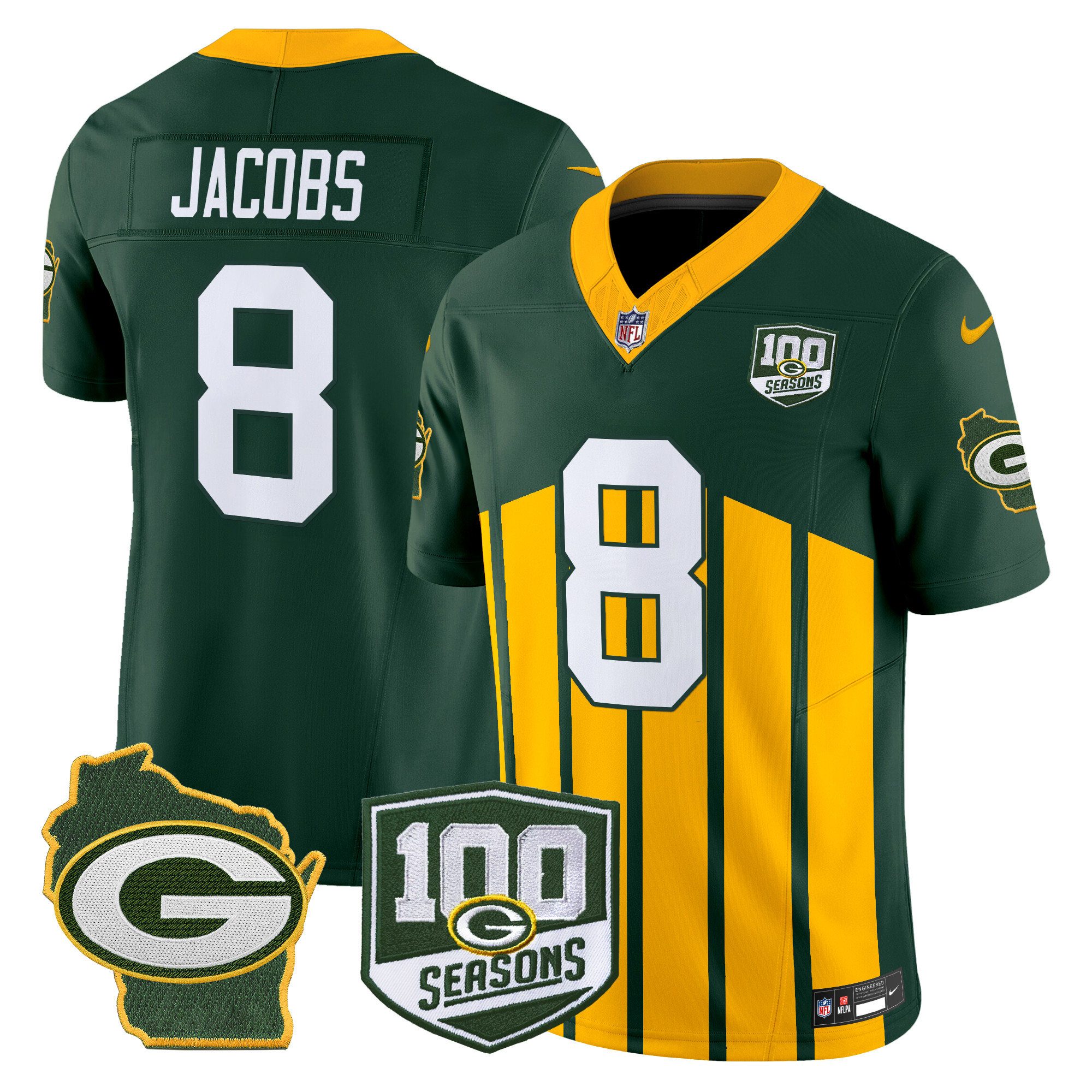 Men's Josh Jacobs Green Bay Packers 100th Season & Home Patch Vapor Limited Green Special Jersey - All Stitched