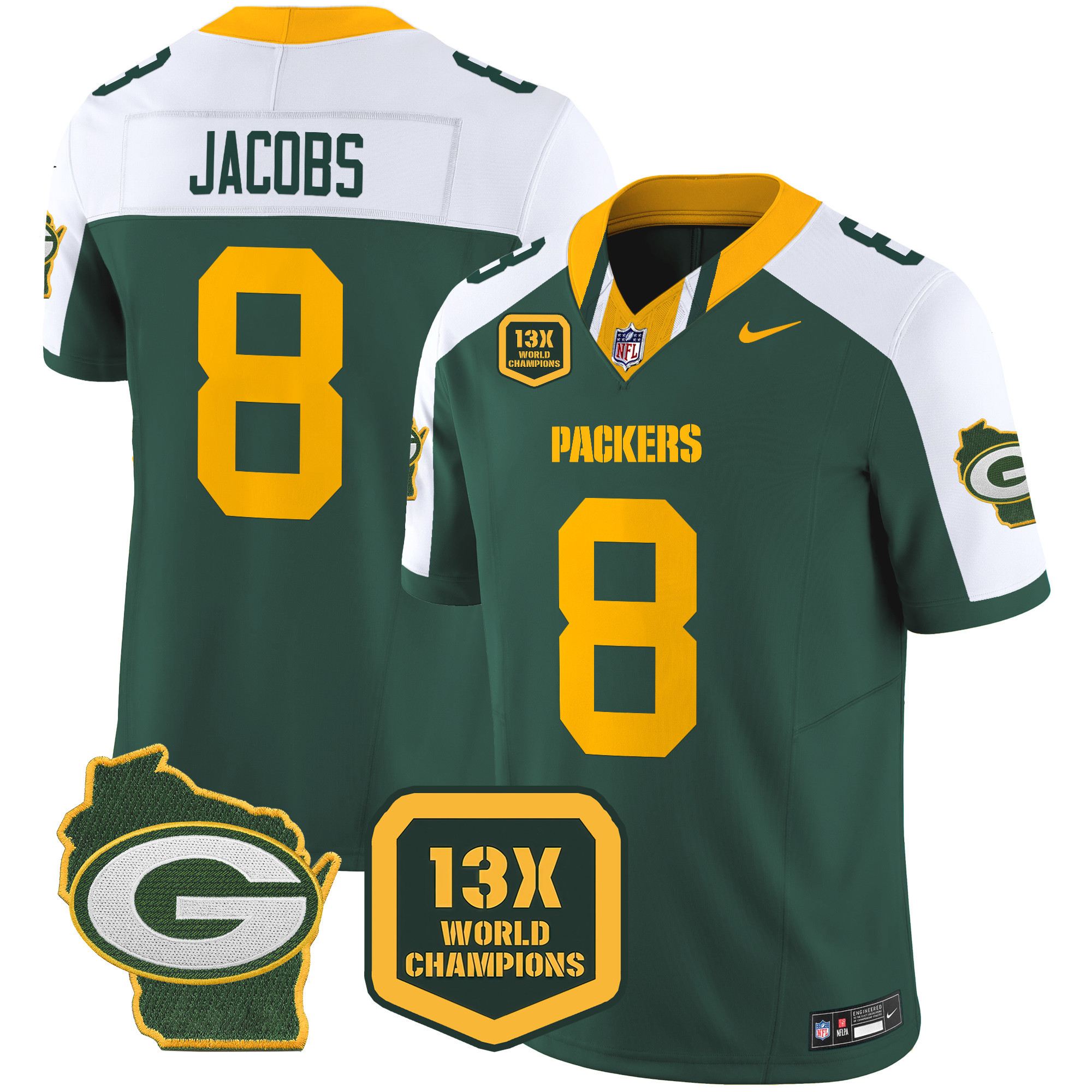 Men's Josh Jacobs Green Bay Packers 13 Time World Champions & Home Patch Vapor Limited Alternate Jersey – All Stitched