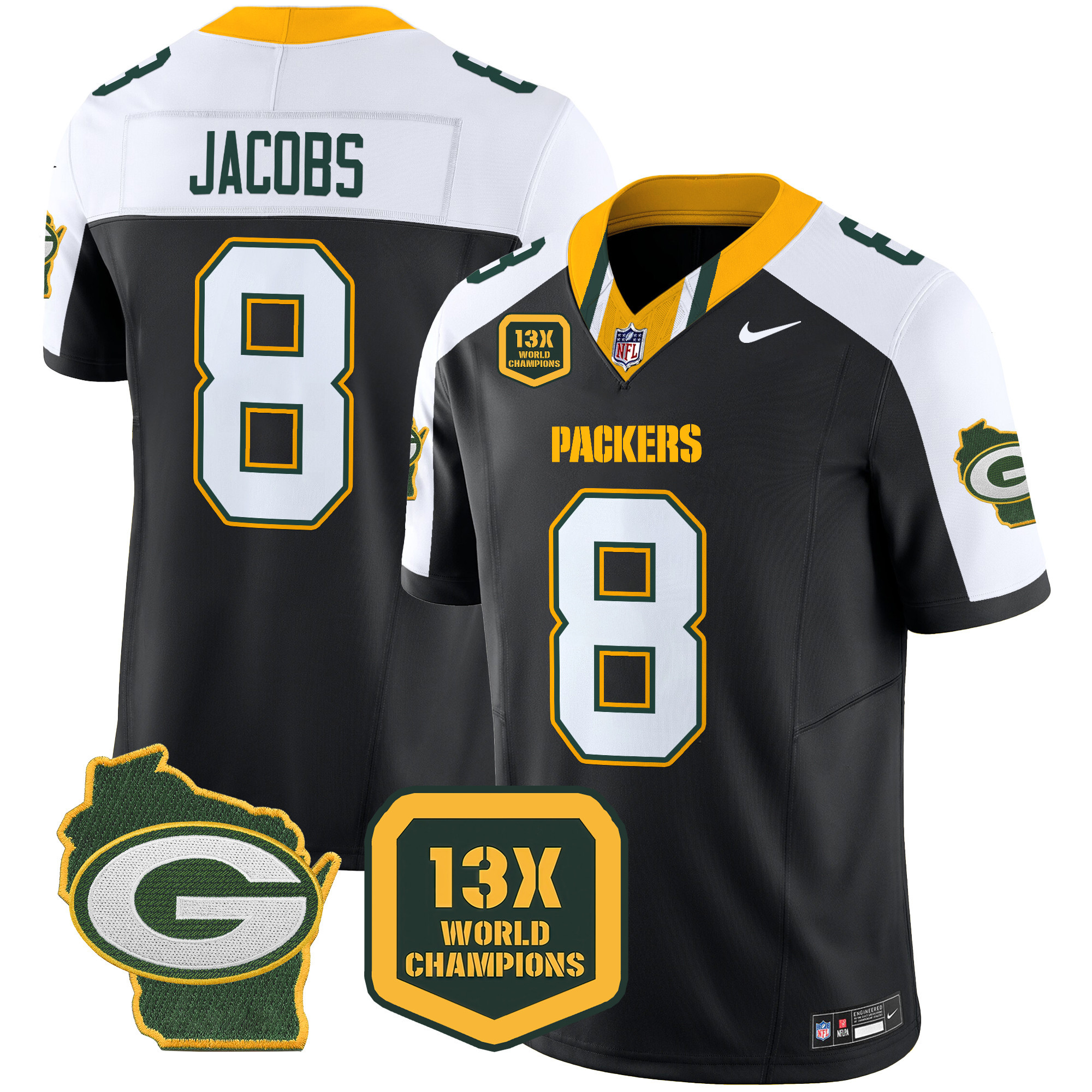 Men's Josh Jacobs Green Bay Packers 13 Time World Champions & Home Patch Vapor Limited Black Alternate Jersey – All Stitched