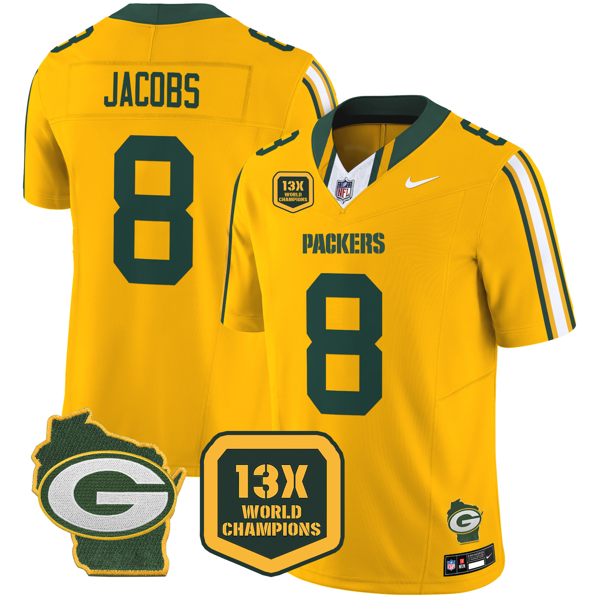 Men's Josh Jacobs Green Bay Packers 13 Time World Champions & Home Patch Vapor Limited Gold Jersey – All Stitched