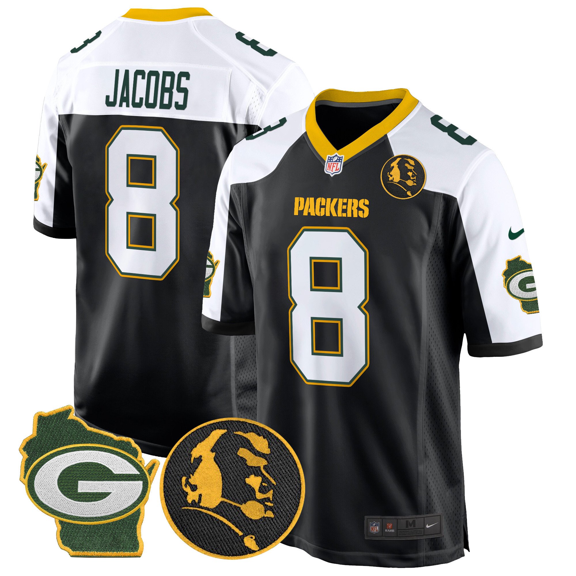 Men's Josh Jacobs Green Bay Packers John Madden & Home Patch Game Black Alternate Jersey - All Stitched